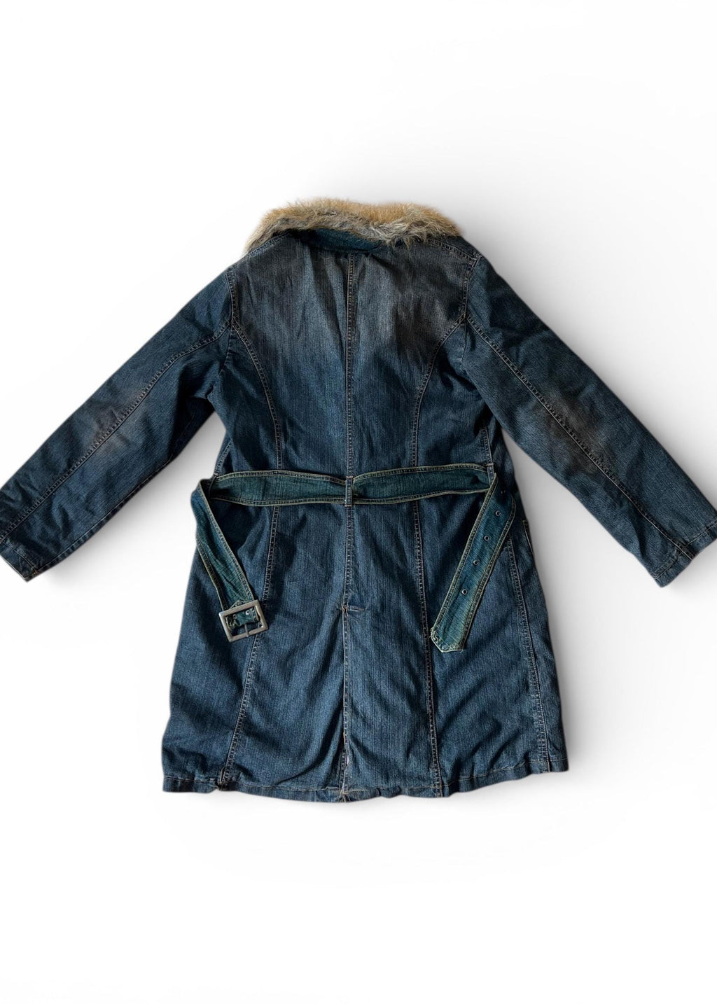 Cappotto Denim Vintage Y2K con Collo in Ecopelliccia