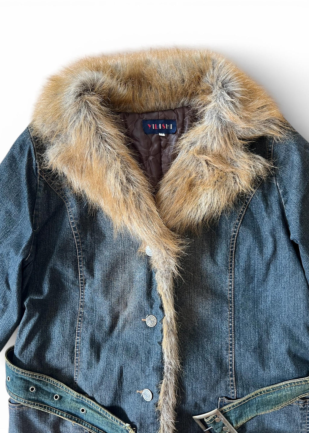 Cappotto Denim Vintage Y2K con Collo in Ecopelliccia