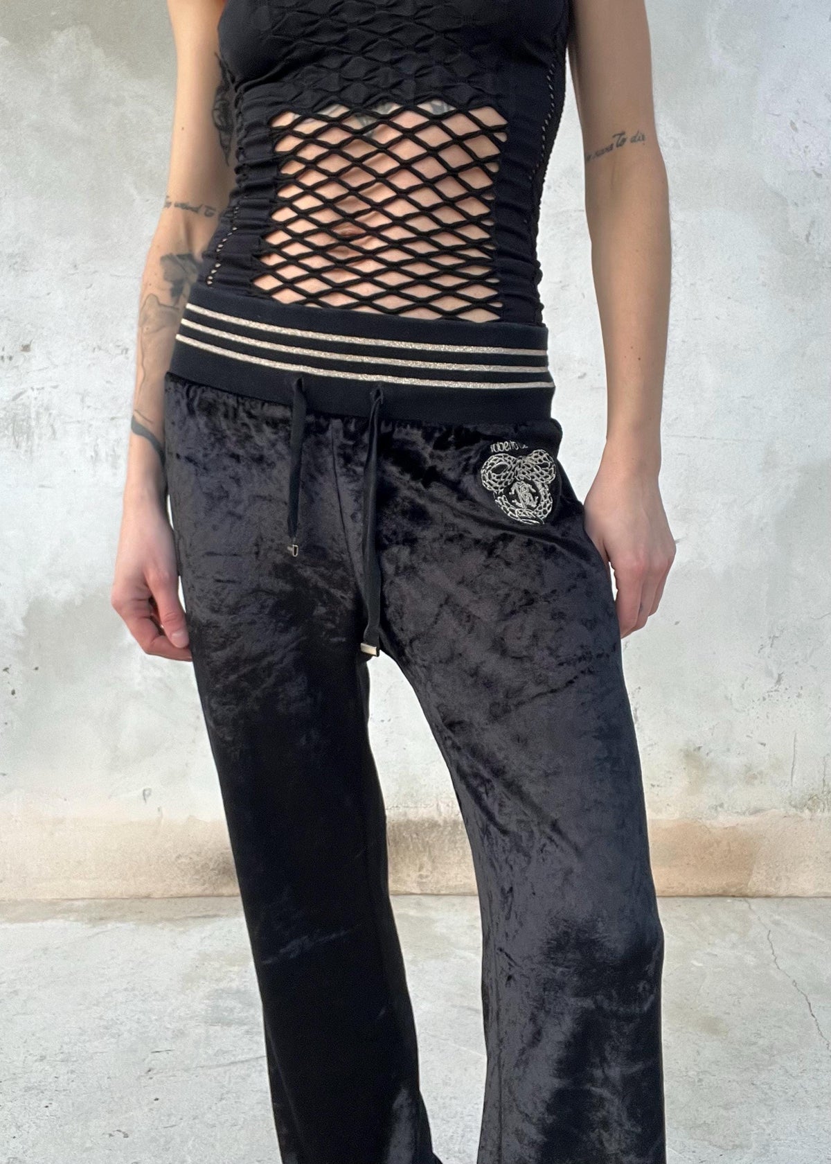 Roberto Cavalli Gym Pantaloni in Velluto Nero Y2K