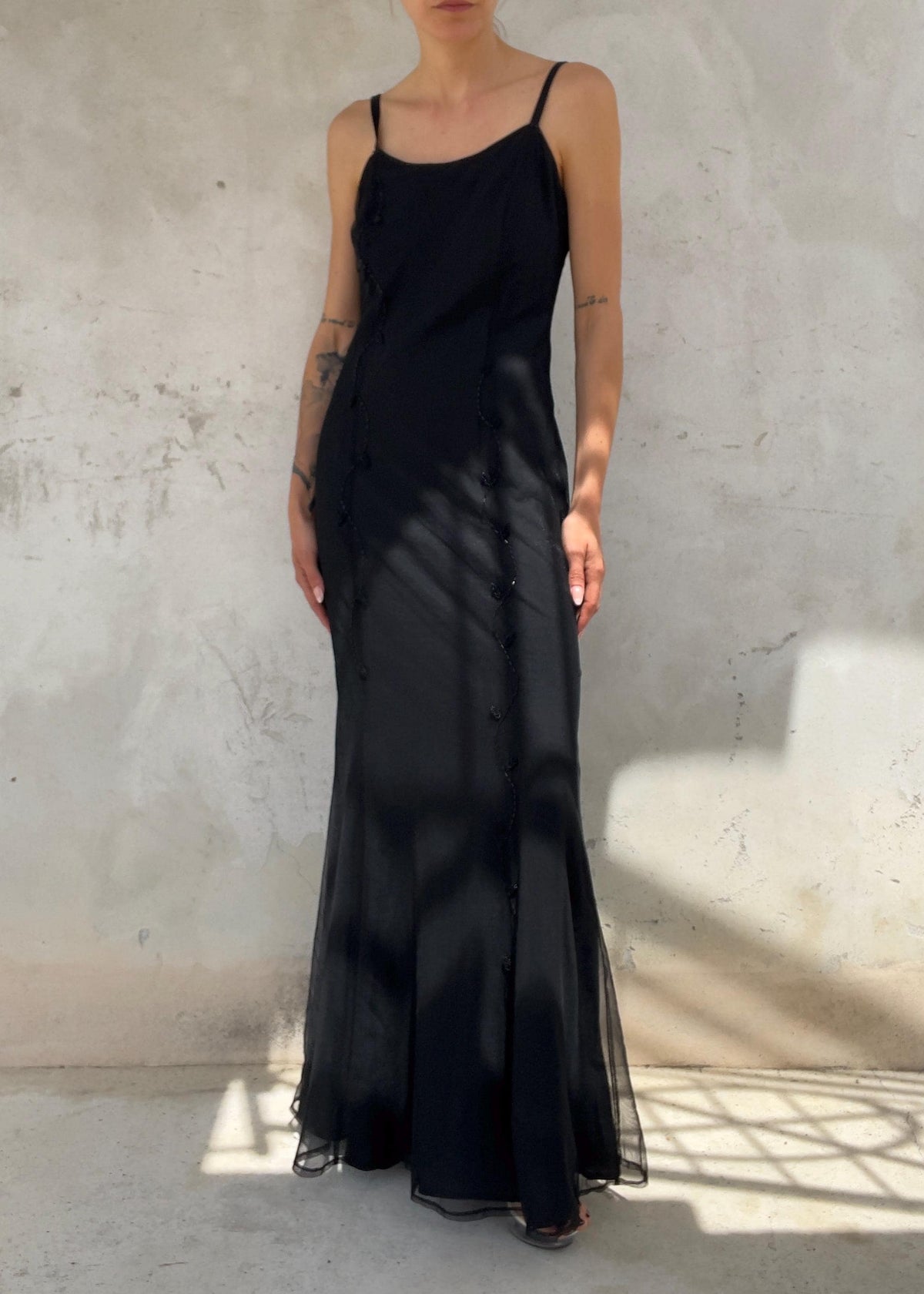 Abito Lungo Vintage Antonio Fusco in Tulle Nero Ricamato