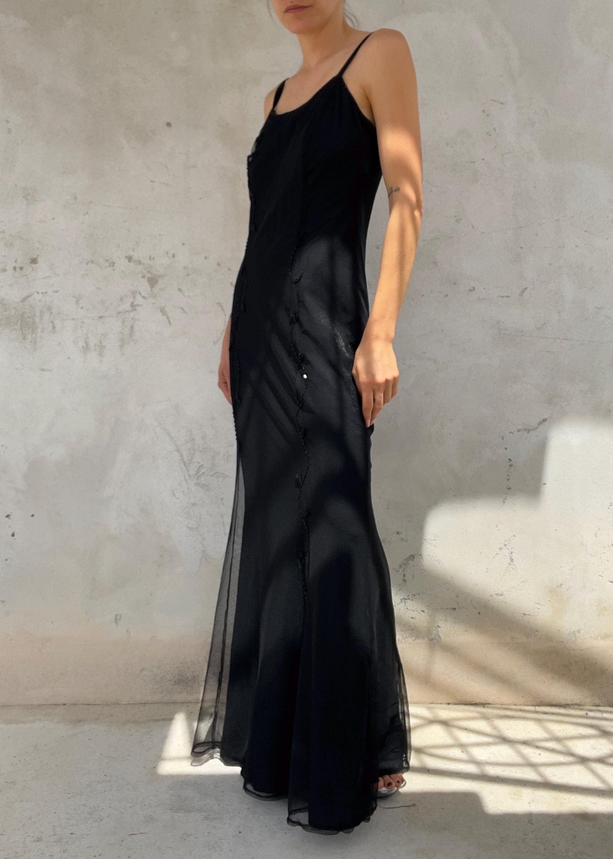 Abito Lungo Vintage Antonio Fusco in Tulle Nero Ricamato