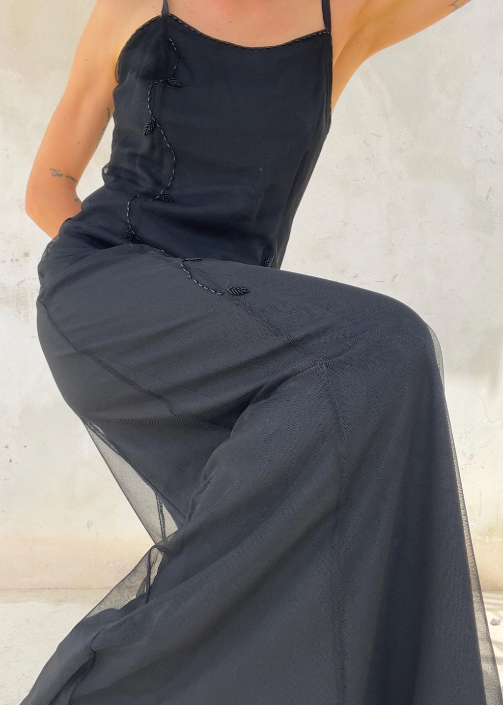 Abito Lungo Vintage Antonio Fusco in Tulle Nero Ricamato