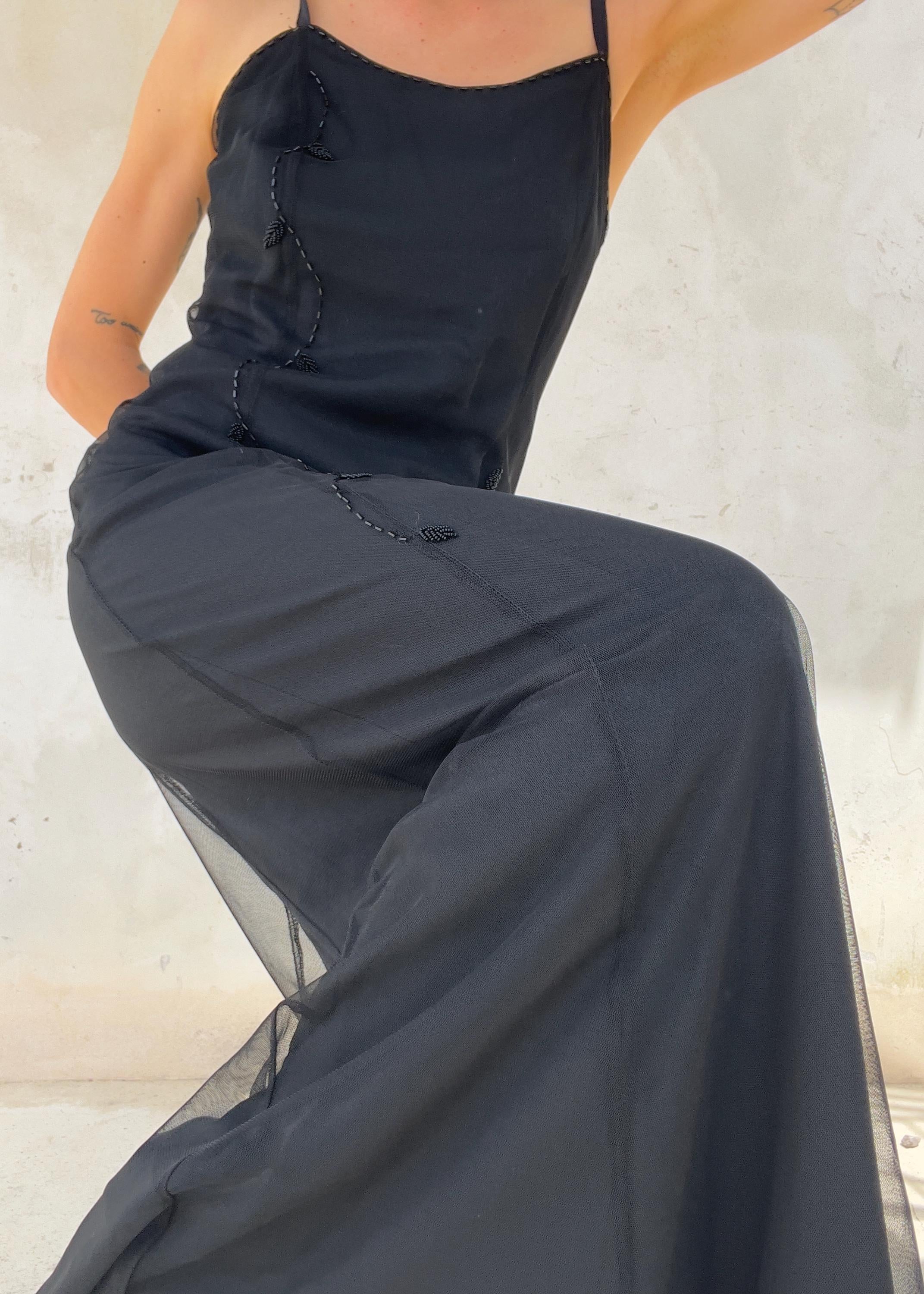 Abito Lungo Vintage Antonio Fusco in Tulle Nero Ricamato