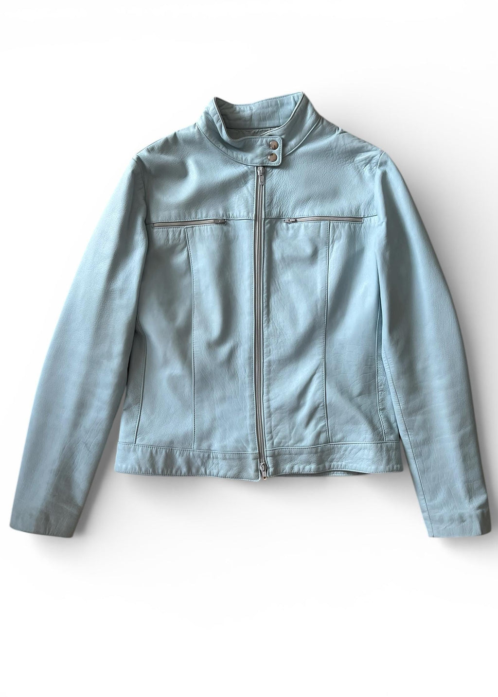 Giacca in vera pelle baby blue Y2K biker minimal con zip argento