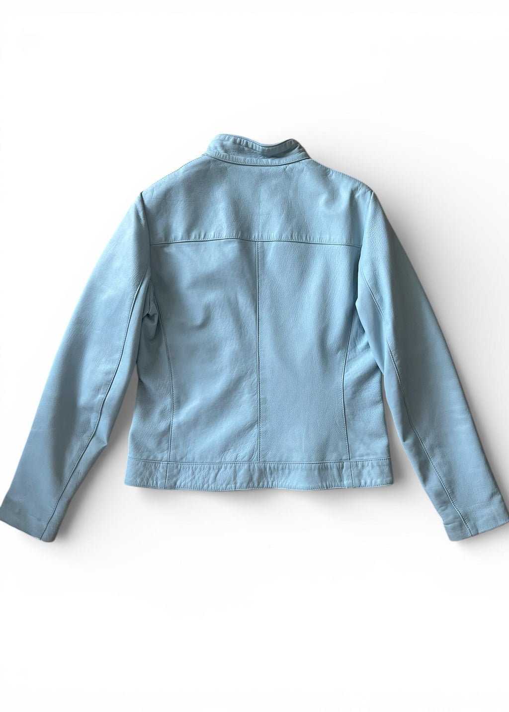 Giacca in vera pelle baby blue Y2K biker minimal con zip argento