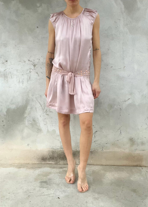 Abito vintage pura seta rosa cipria con cintura gioiello
