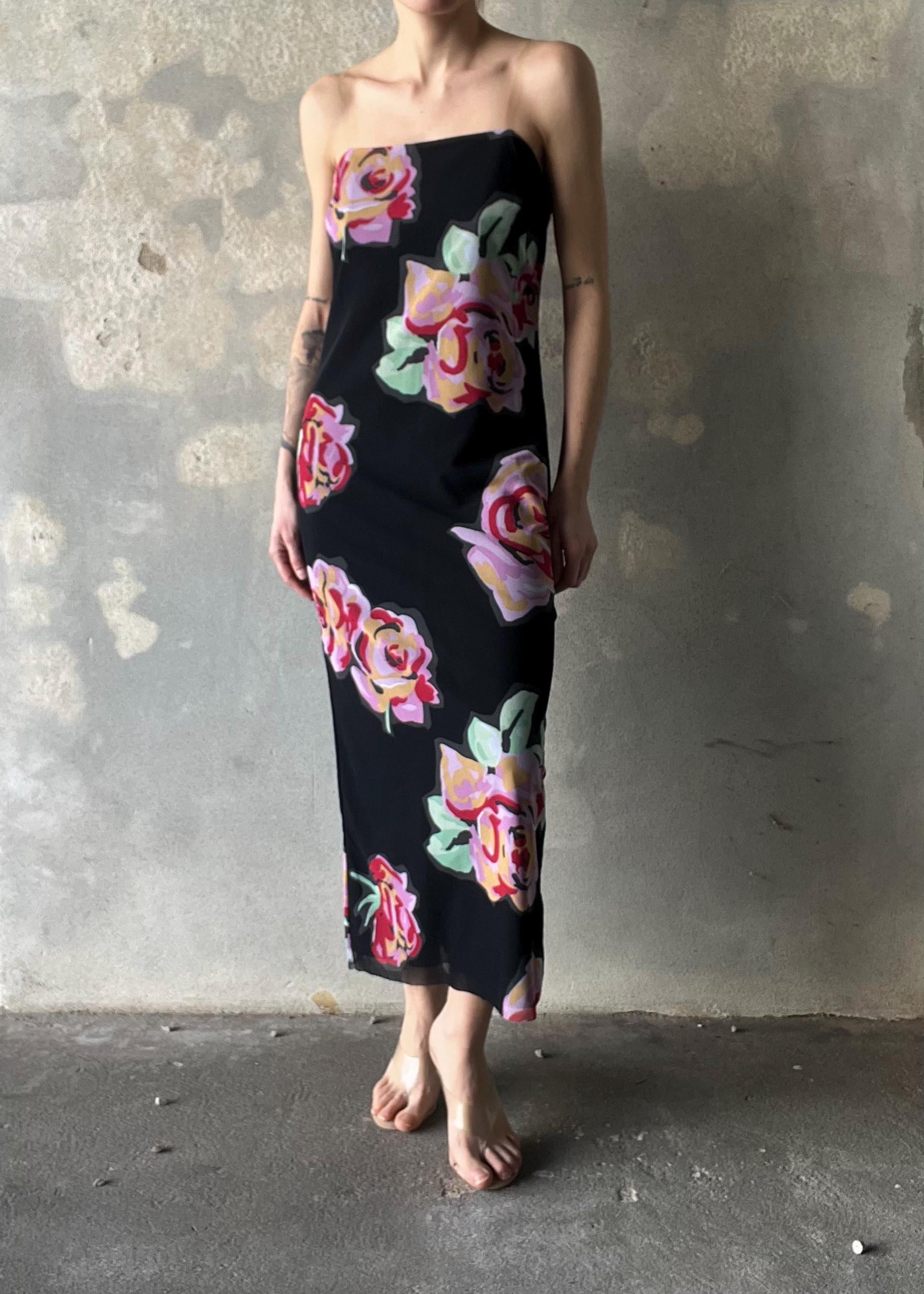 Abito Vintage Floreale Nero con Rose Maxi