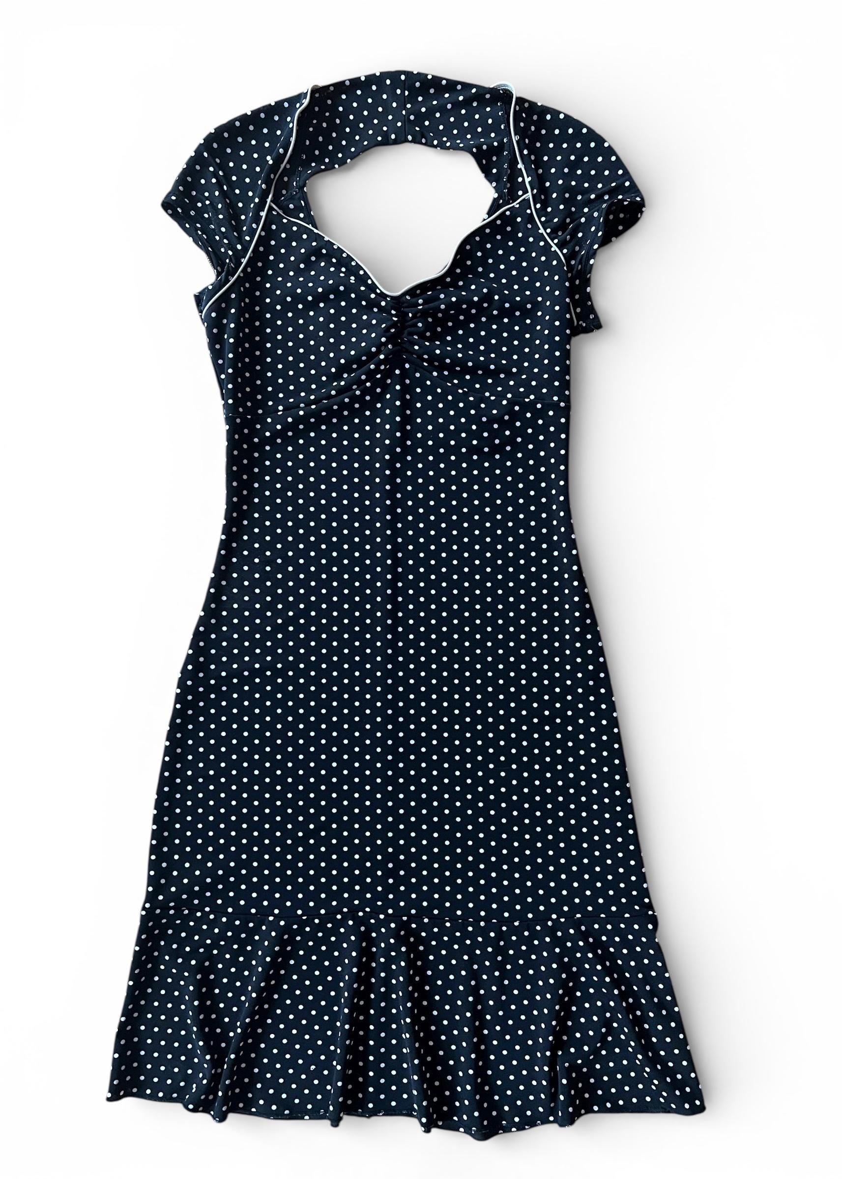Abito Vintage a Pois Nero e Bianco con Schiena Aperta