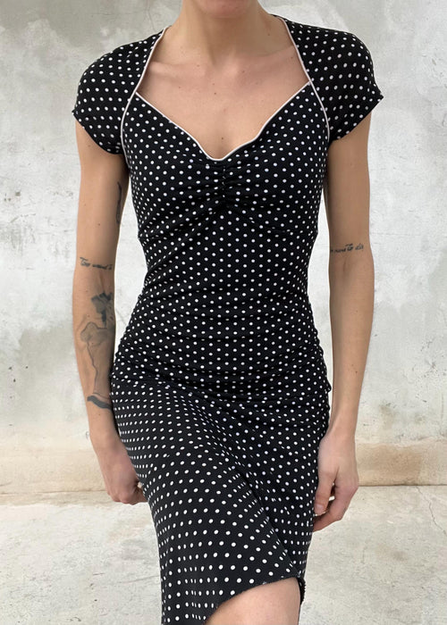 Abito Vintage a Pois Nero e Bianco con Schiena Aperta