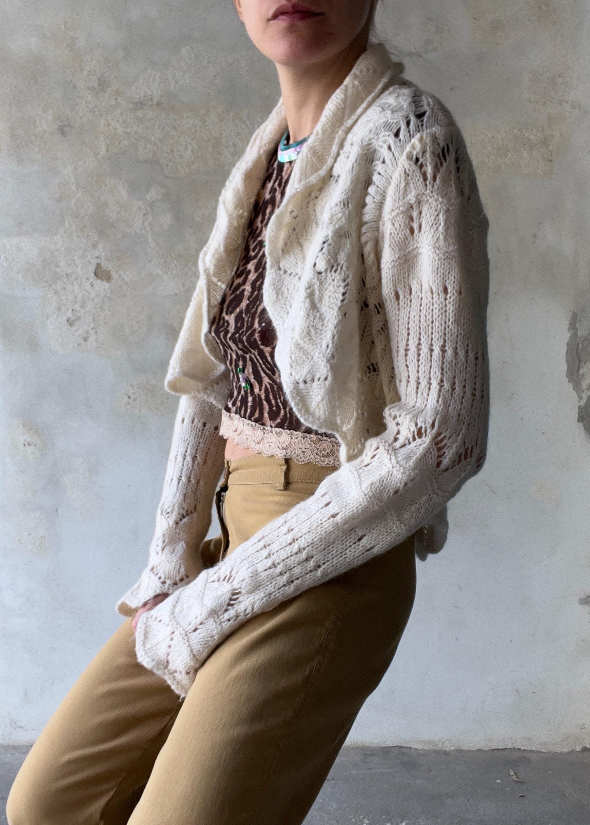 Benetton Vintage Bolero in Maglia Traforata Mohair Panna Cottagecore Boho