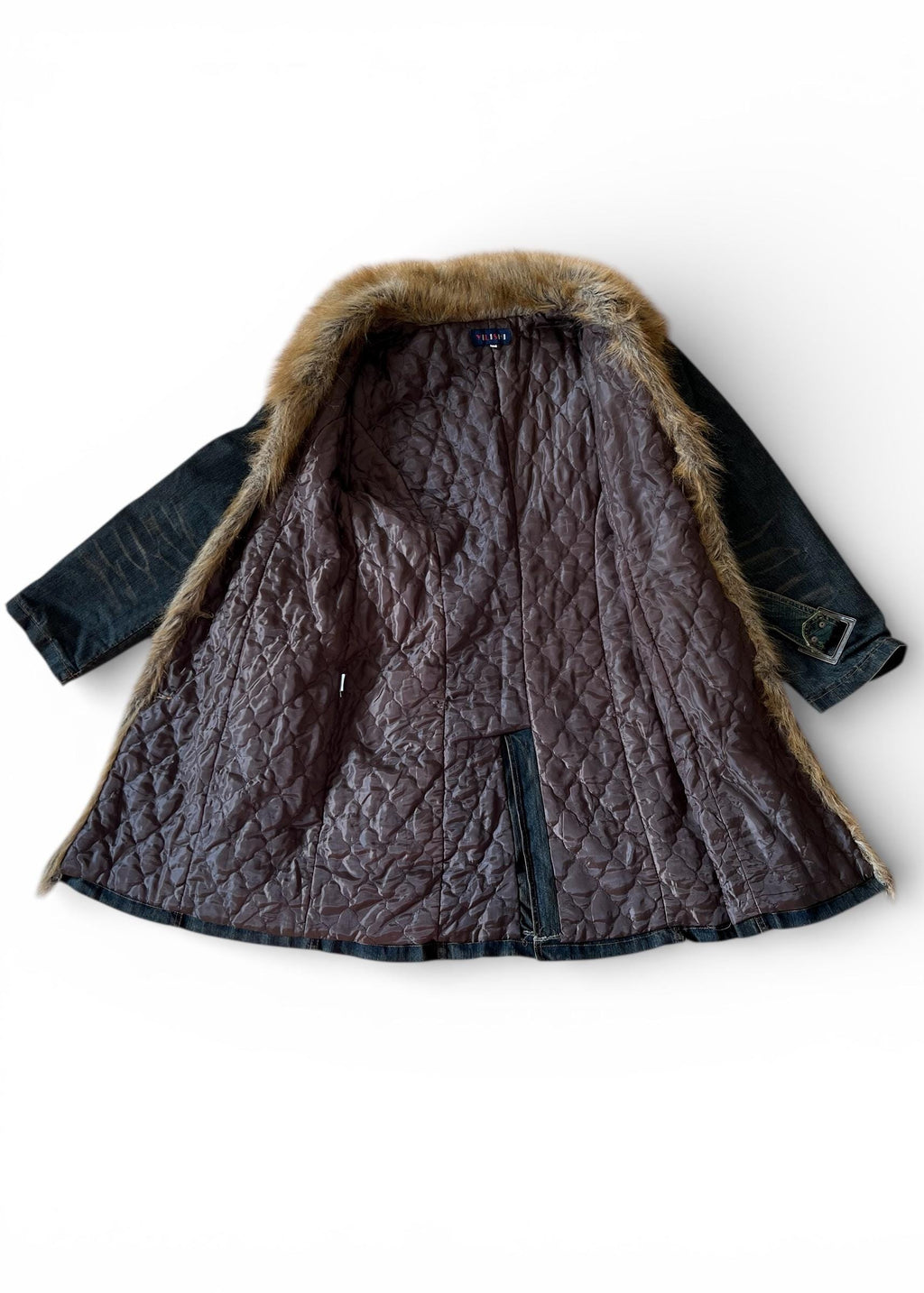 Cappotto Denim Vintage Y2K con Collo in Ecopelliccia