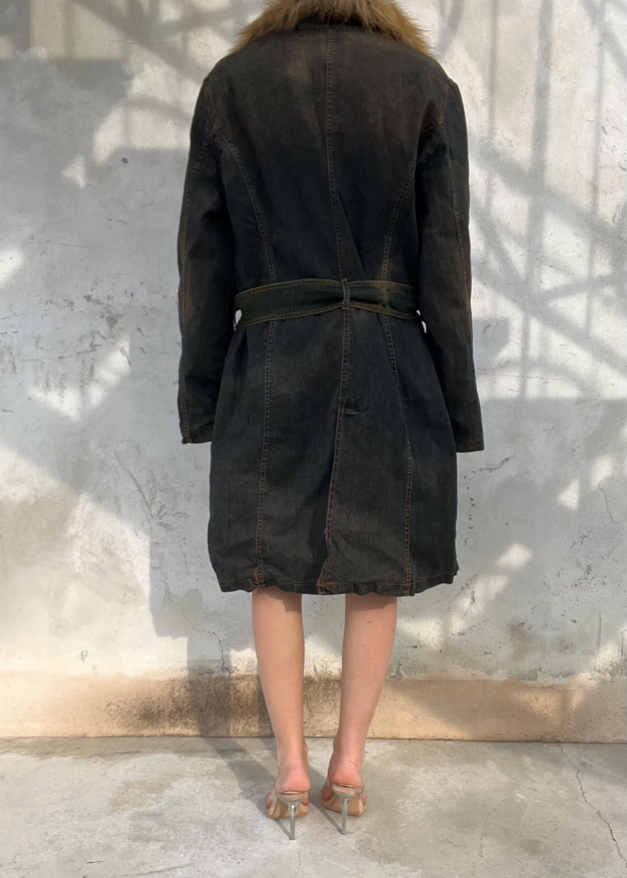 Cappotto Denim Vintage Y2K con Collo in Ecopelliccia