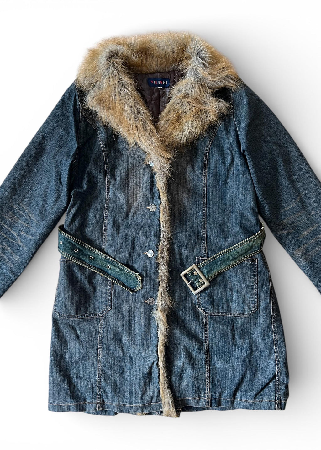 Cappotto Denim Vintage Y2K con Collo in Ecopelliccia