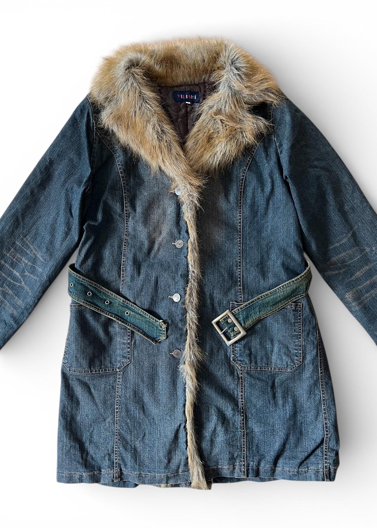 Cappotto Denim Vintage Y2K con Collo in Ecopelliccia