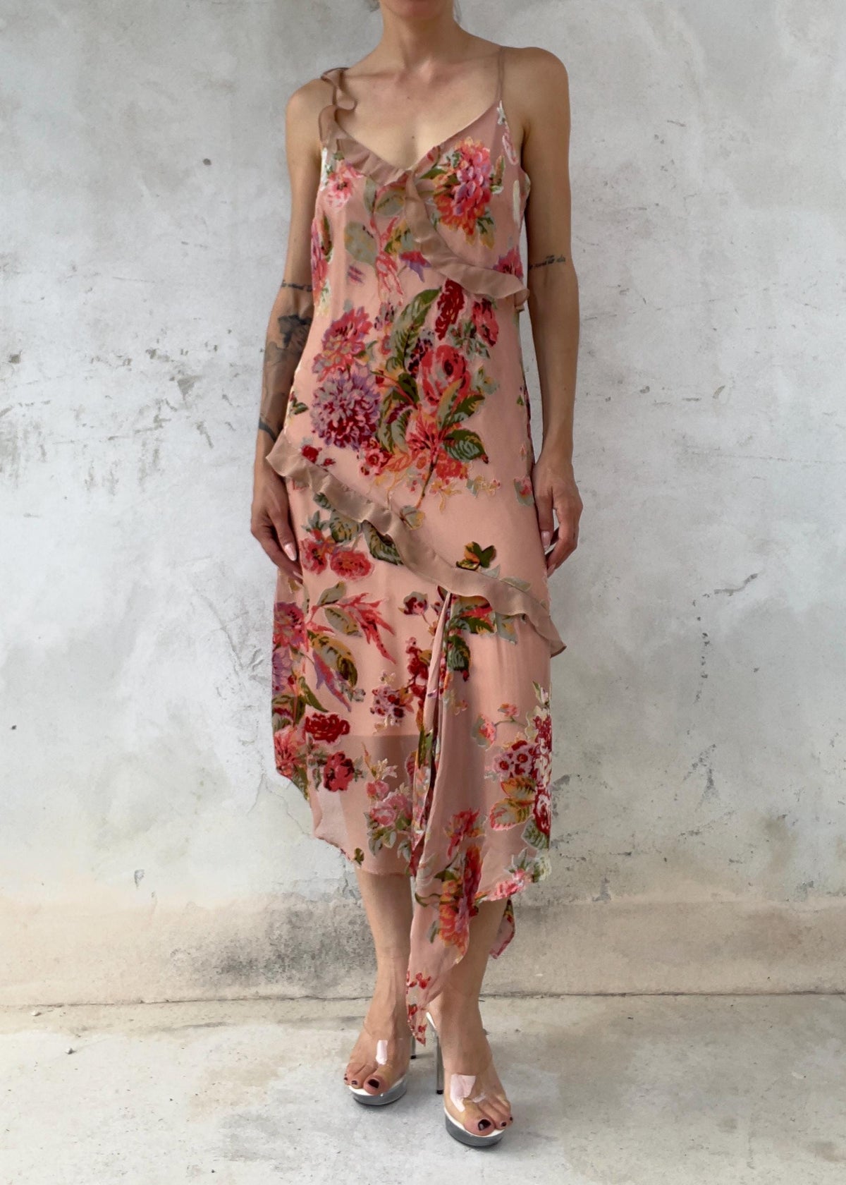 Abito Vintage Floreale Rosa Devoré