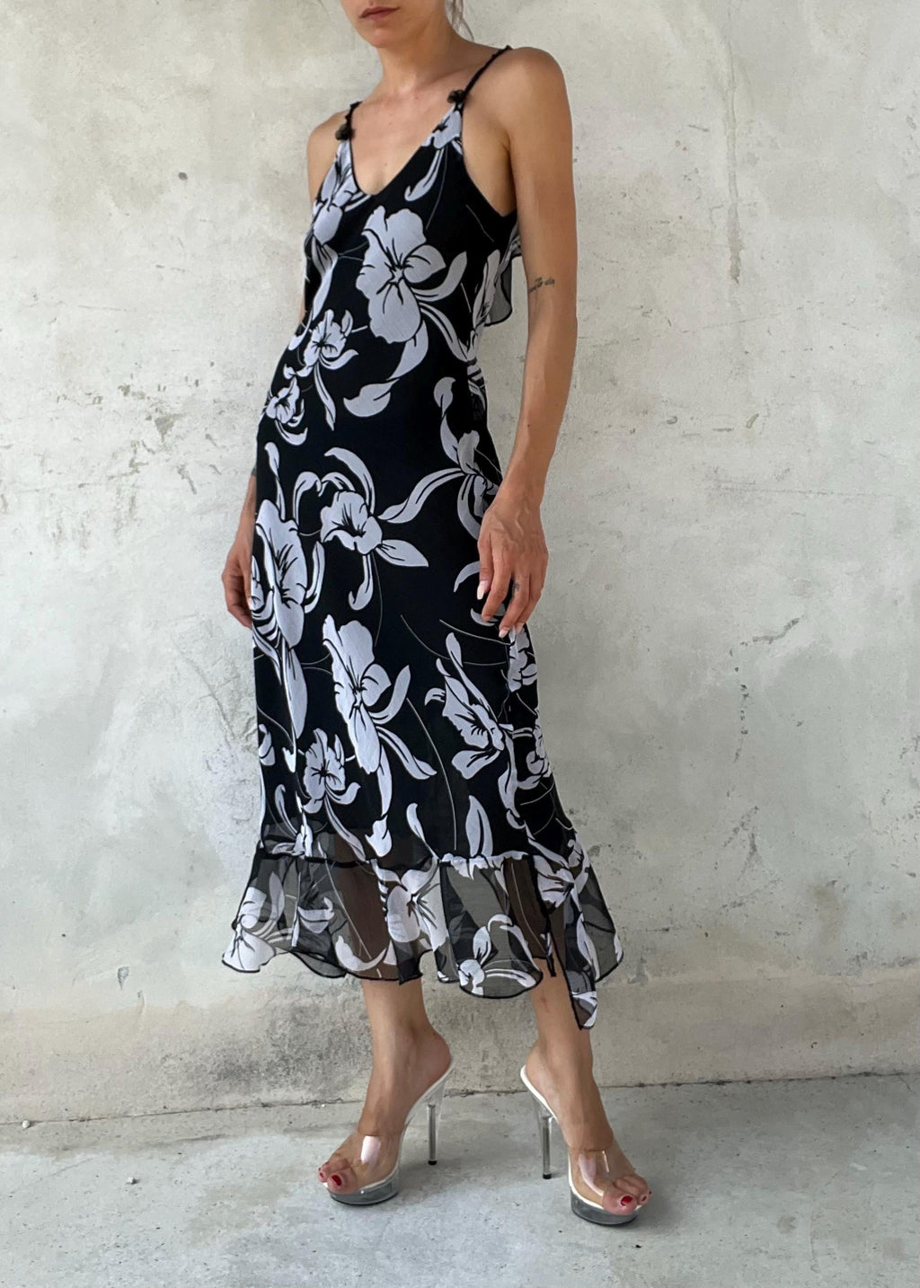 Abito Vintage Floreale Nero Bianco in Chiffon