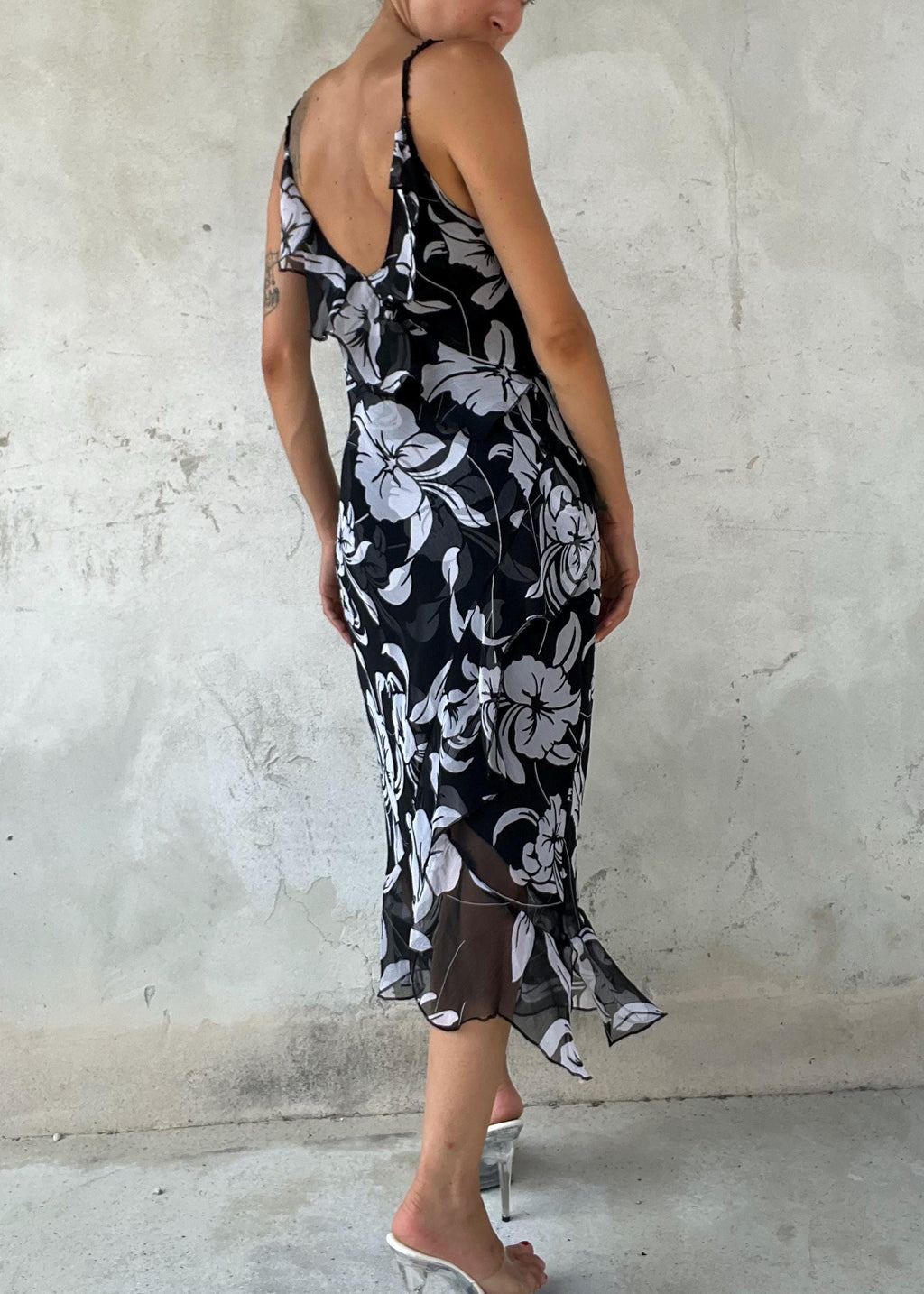 Abito Vintage Floreale Nero Bianco in Chiffon