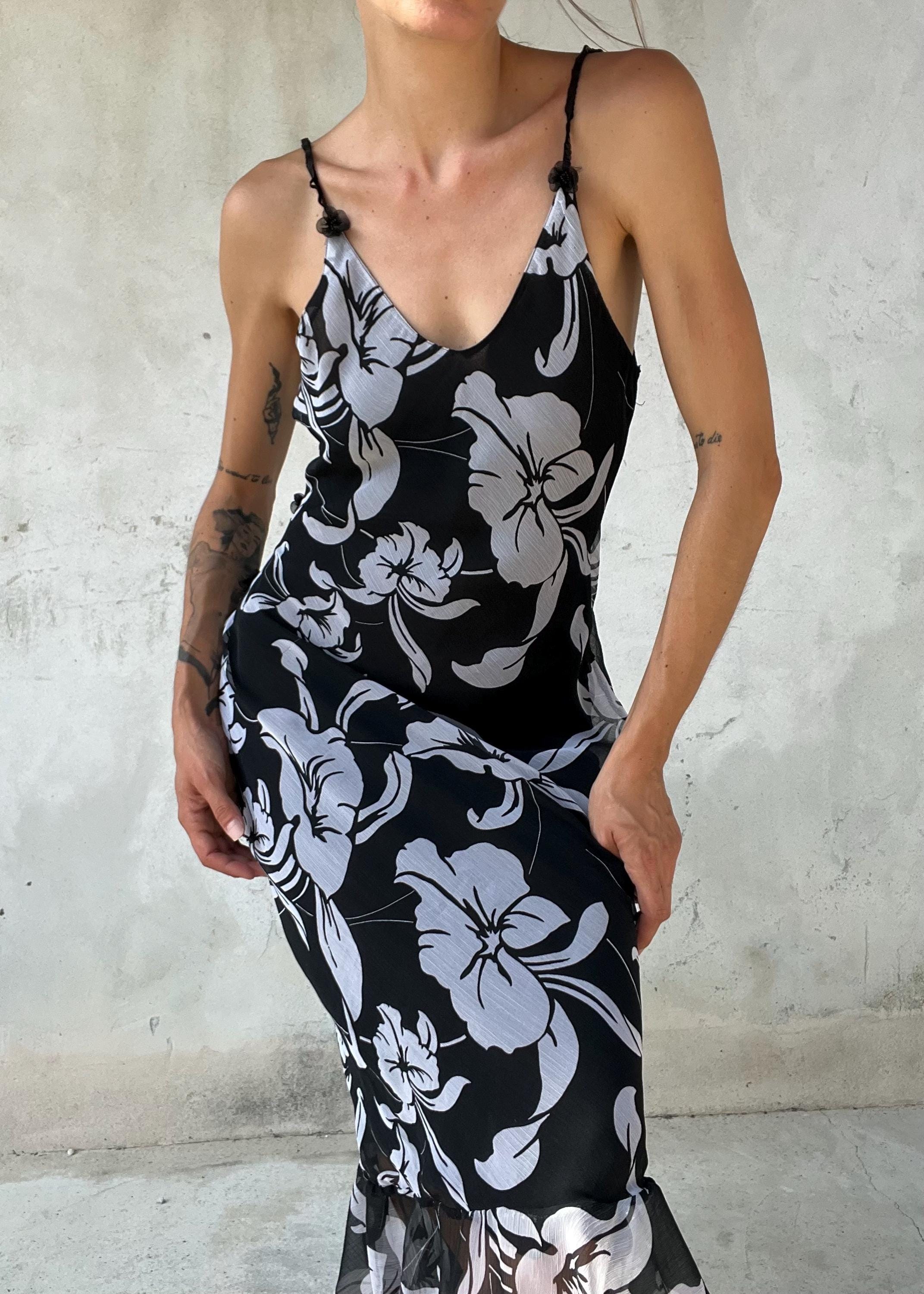 Abito Vintage Floreale Nero Bianco in Chiffon