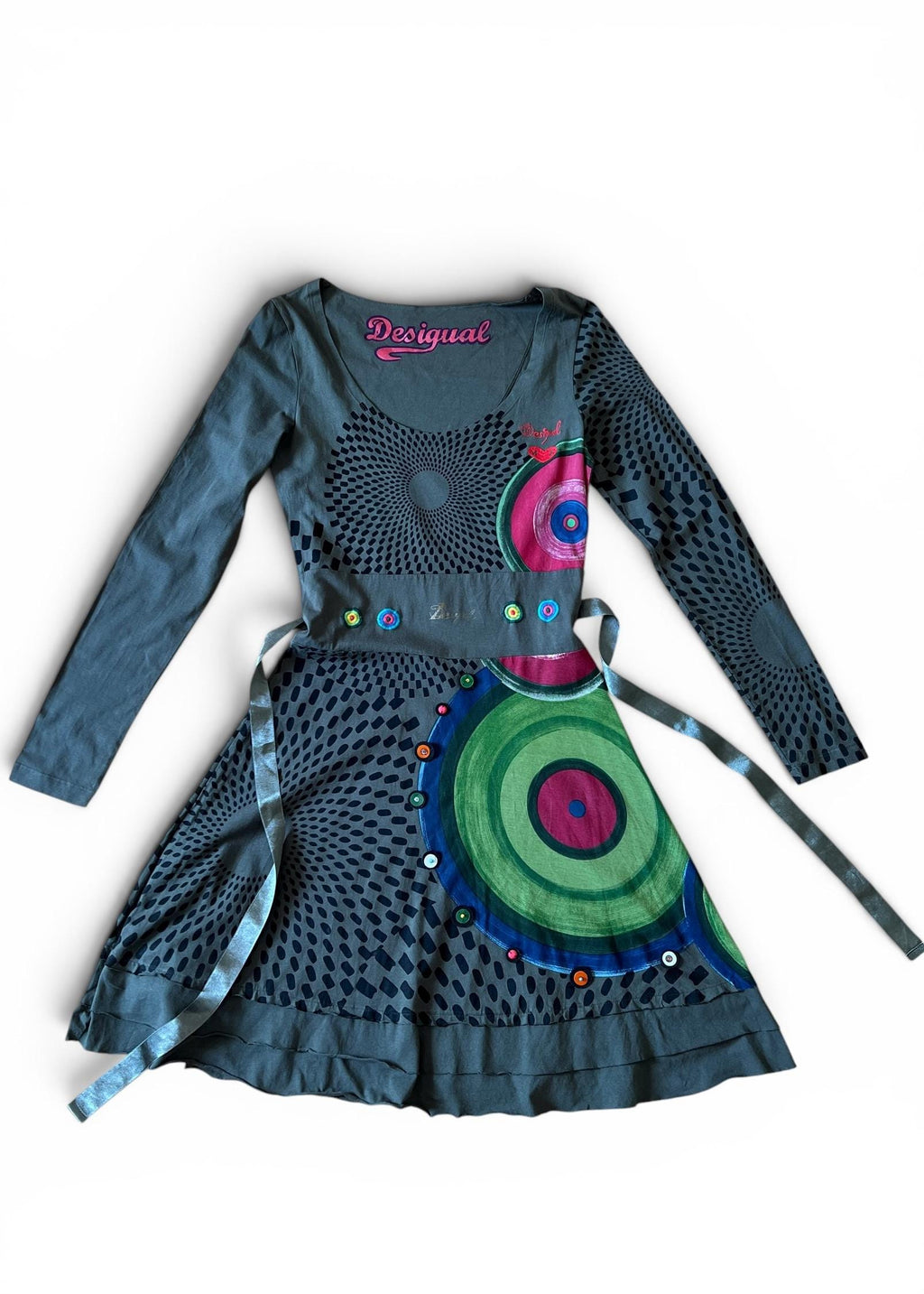 Abito Vintage Desigual Cotone Verde con Stampa Artistica e Cintura