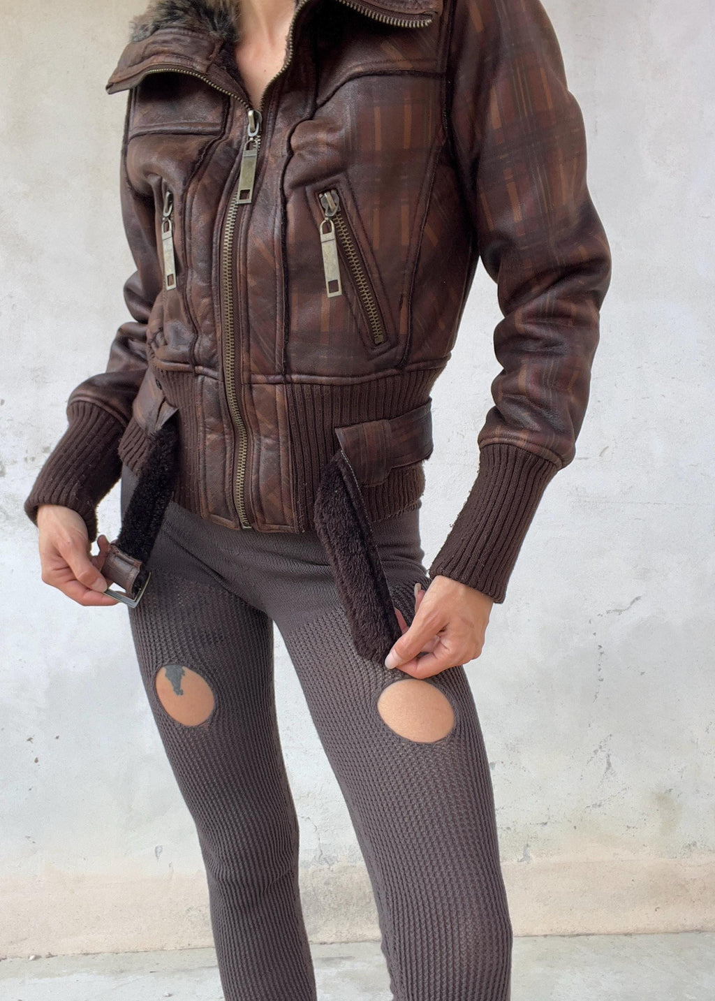 Giacca Aviator Y2K in Ecopelle con Ecopelliccia