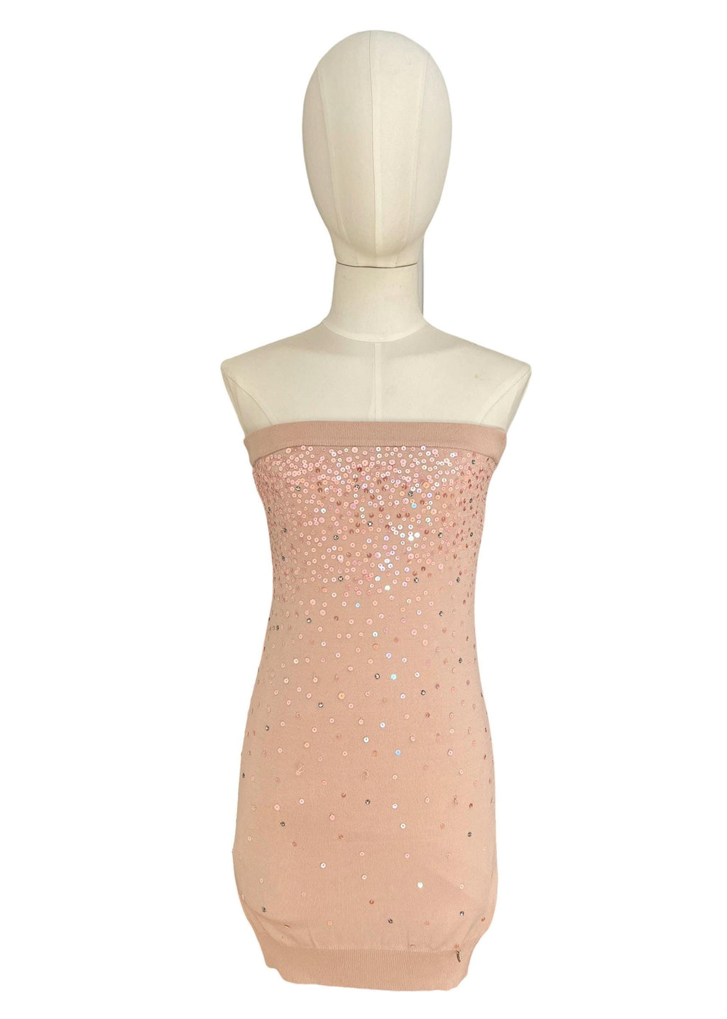 Elisabetta Franchi abito mini strapless rosa cipria con paillettes e cristalli Y2K
