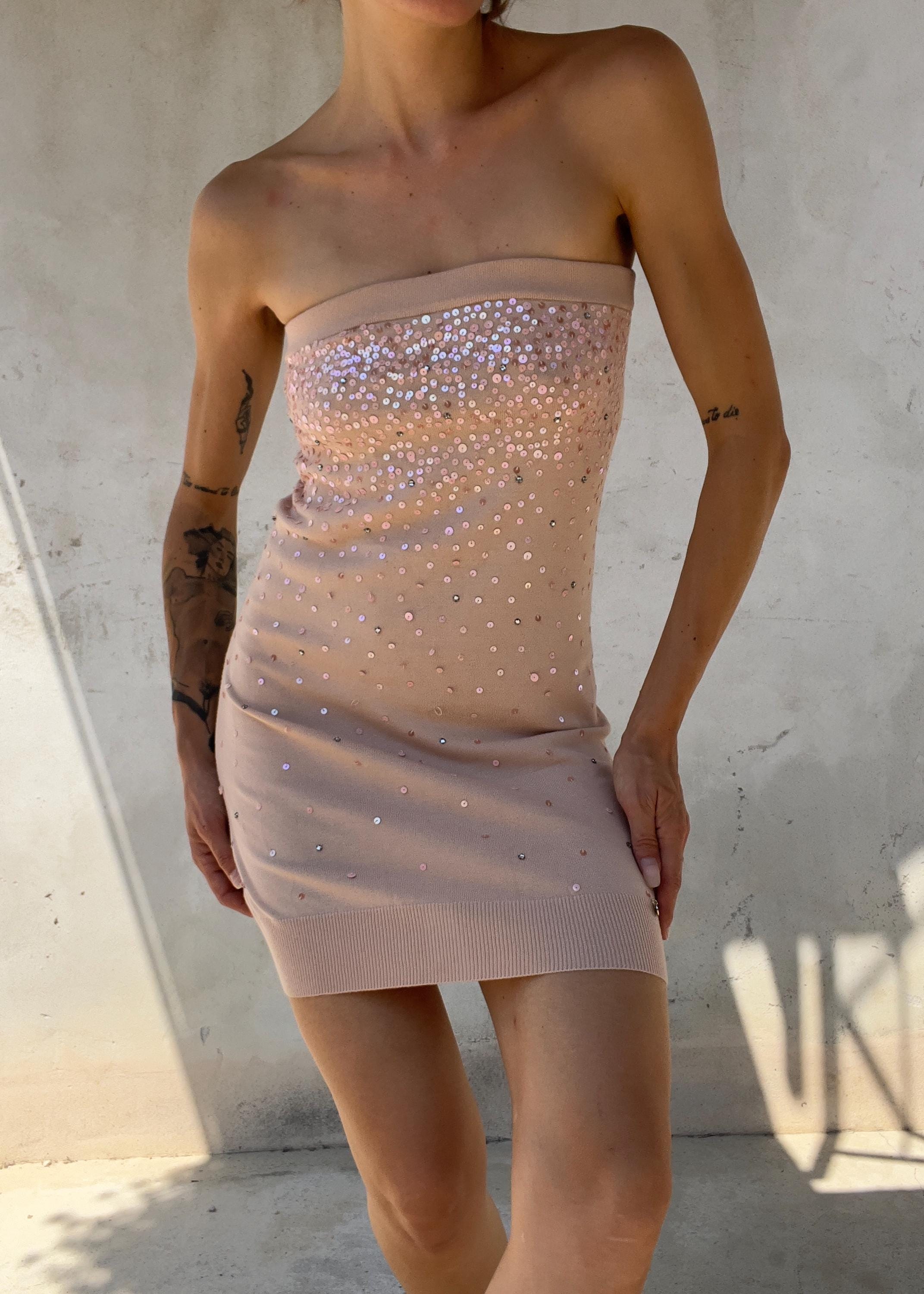 Elisabetta Franchi abito mini strapless rosa cipria con paillettes e cristalli Y2K