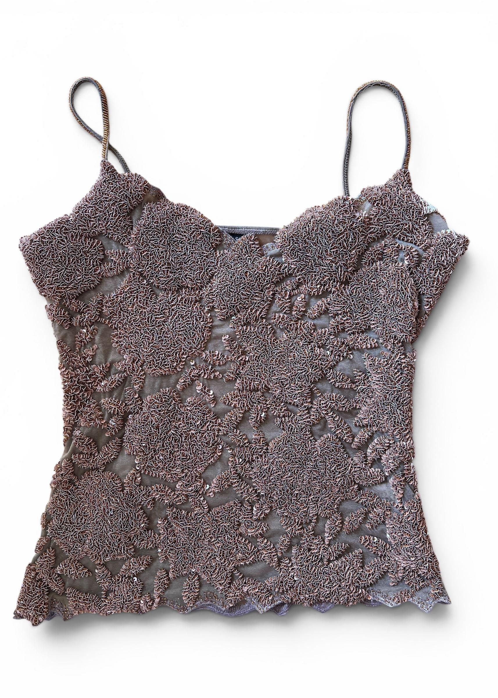 Top Vintage Y2K in Mesh Ricamata con Paillettes