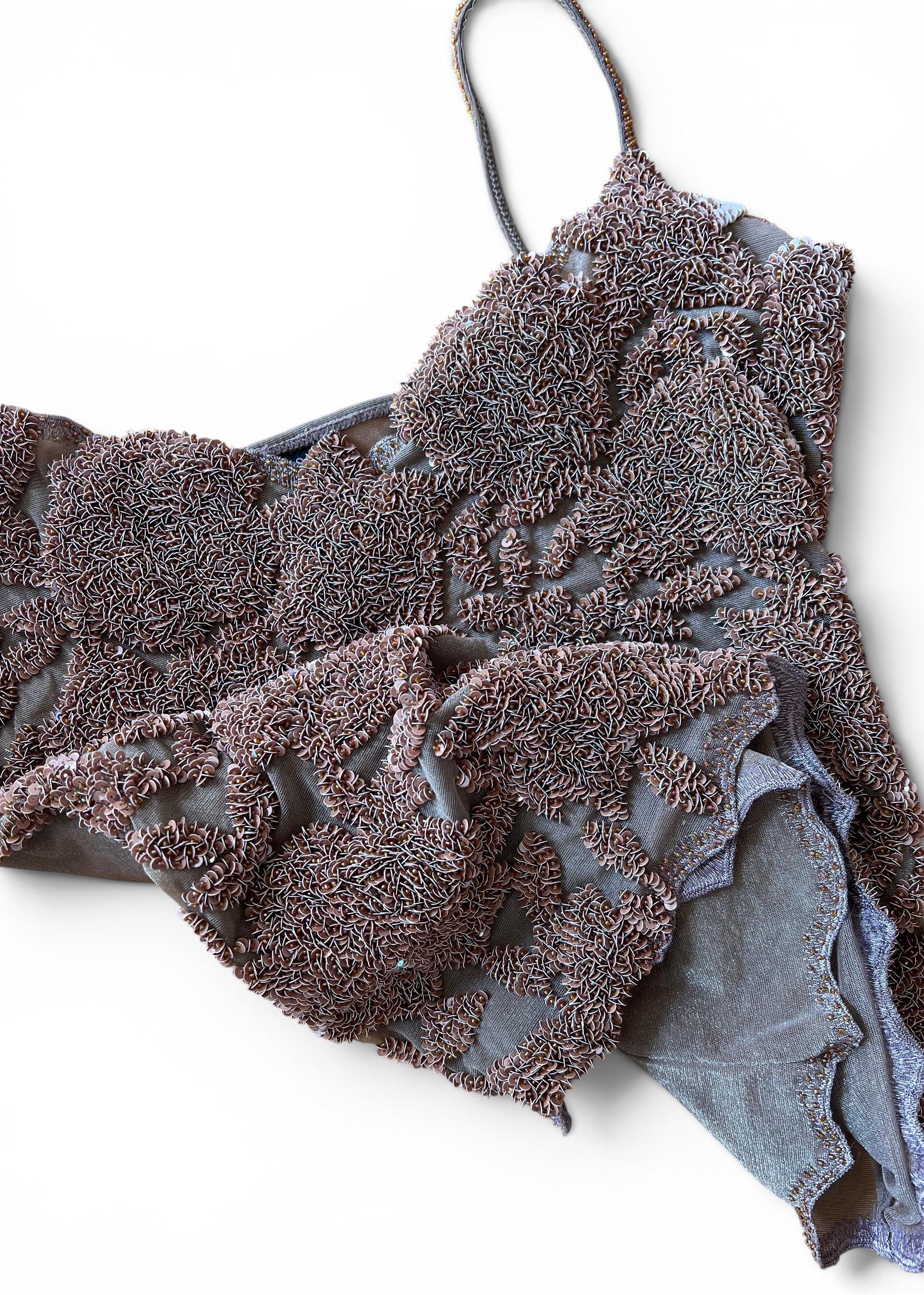 Top Vintage Y2K in Mesh Ricamata con Paillettes