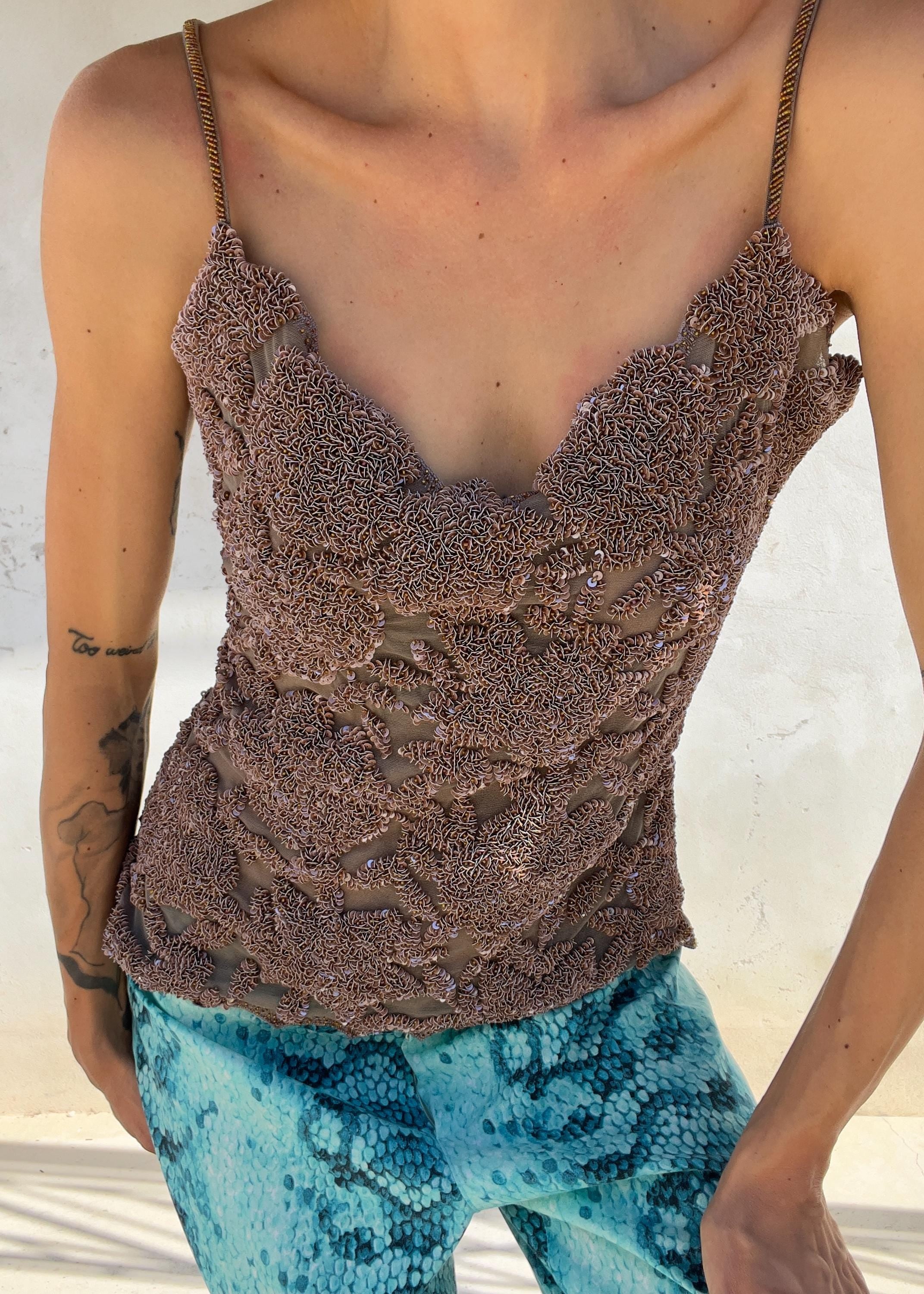 Top Vintage Y2K in Mesh Ricamata con Paillettes