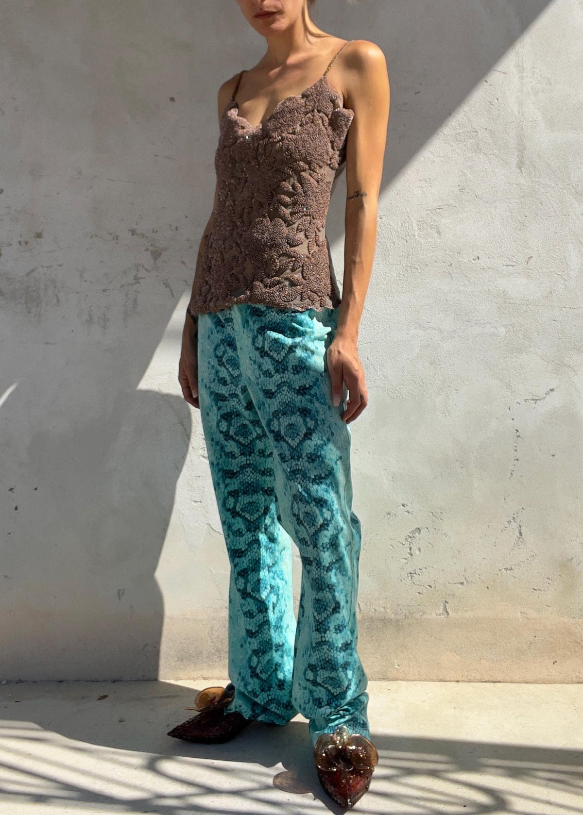 Pantaloni Vintage Y2K Stampa Pitone Turchese