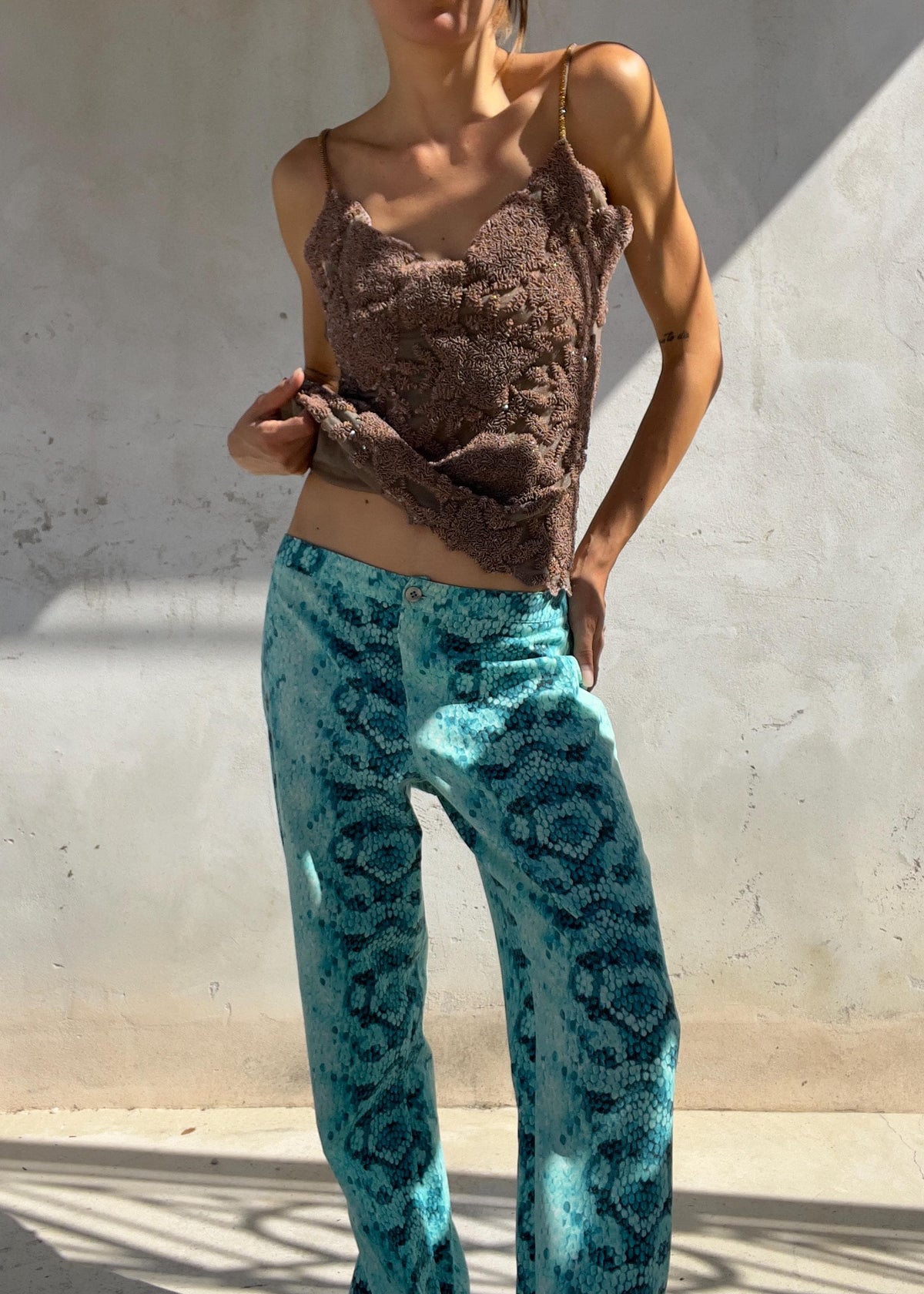 Pantaloni Vintage Y2K Stampa Pitone Turchese