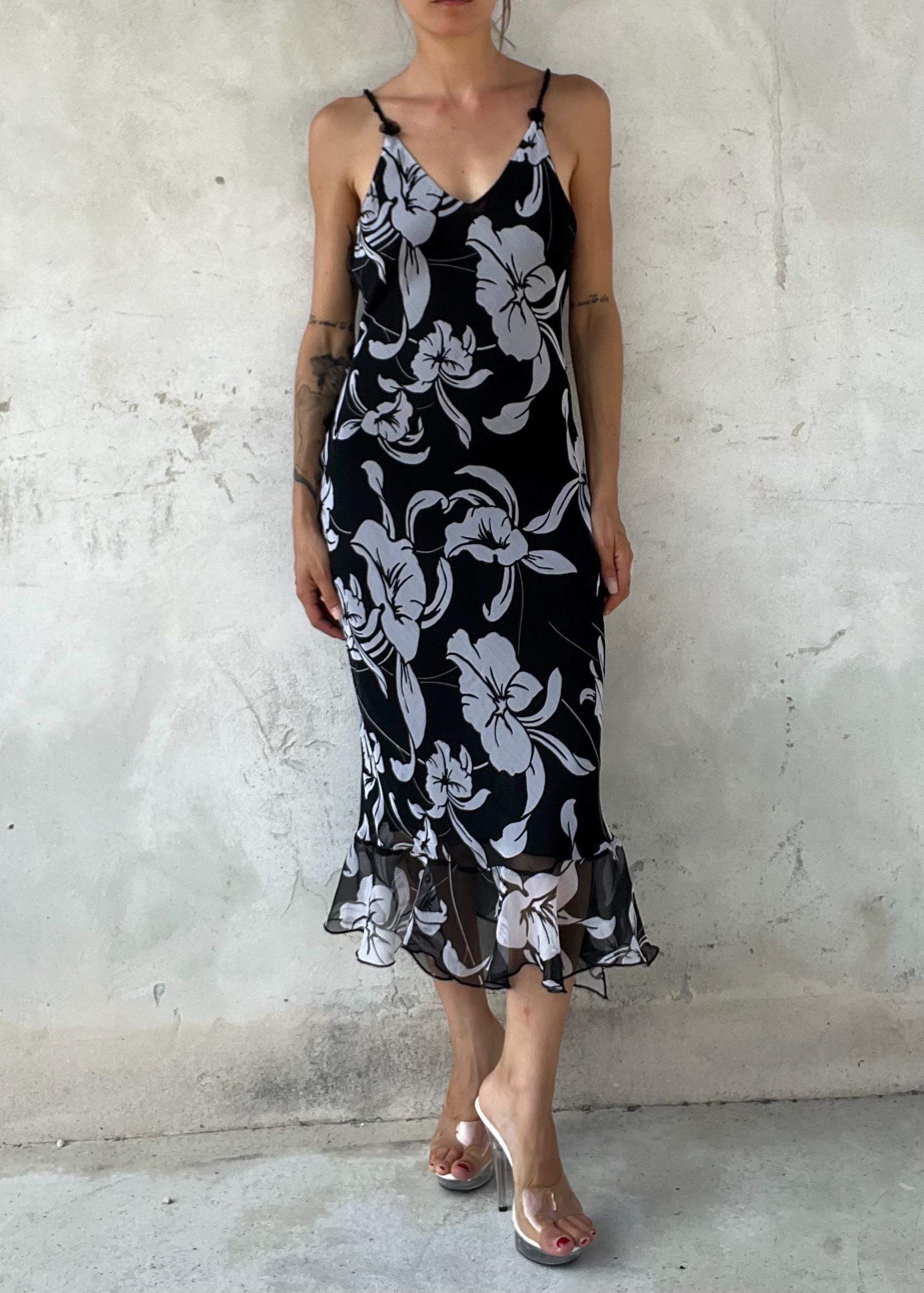 Abito Vintage Floreale Nero Bianco in Chiffon