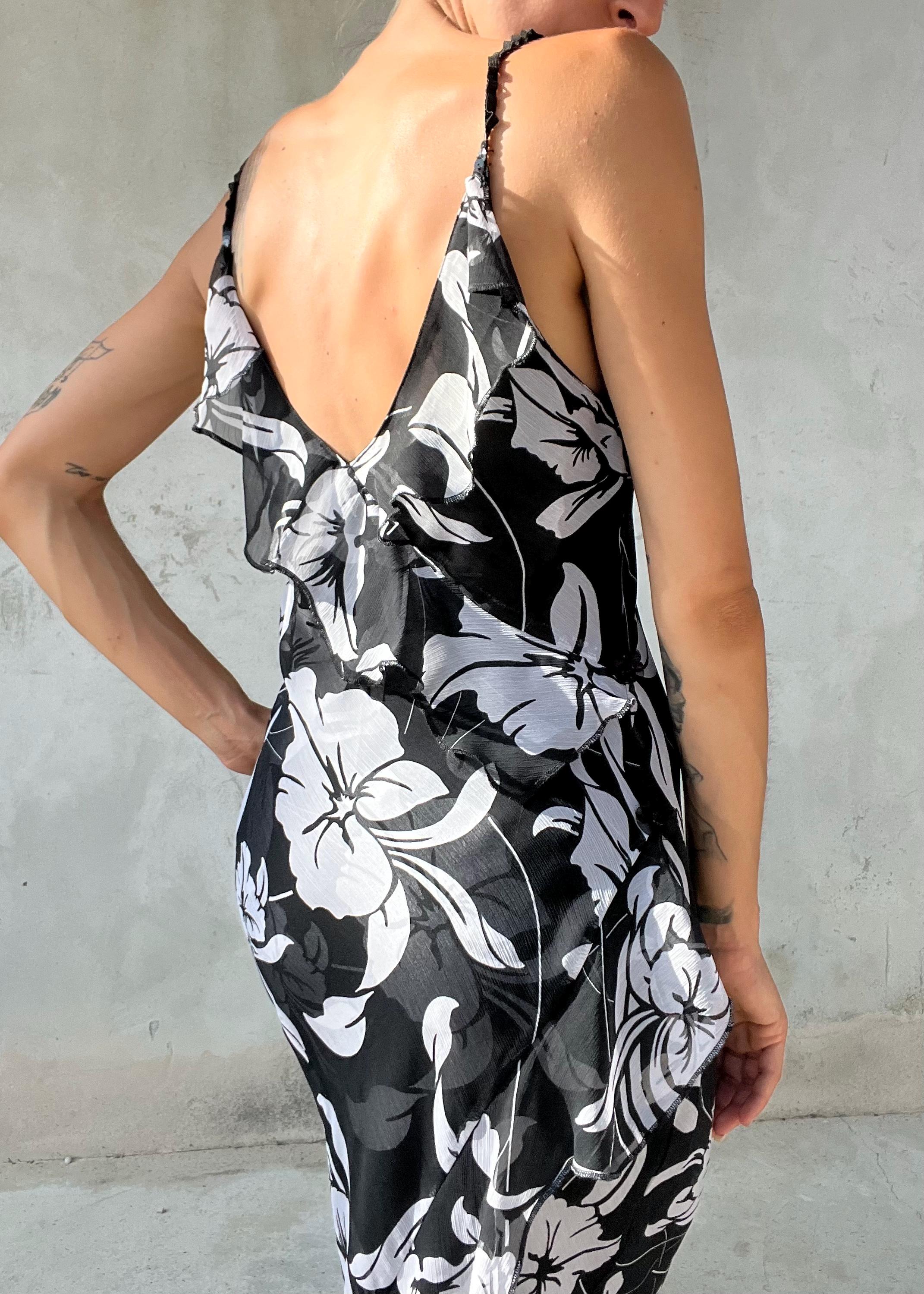 Abito Vintage Floreale Nero Bianco in Chiffon