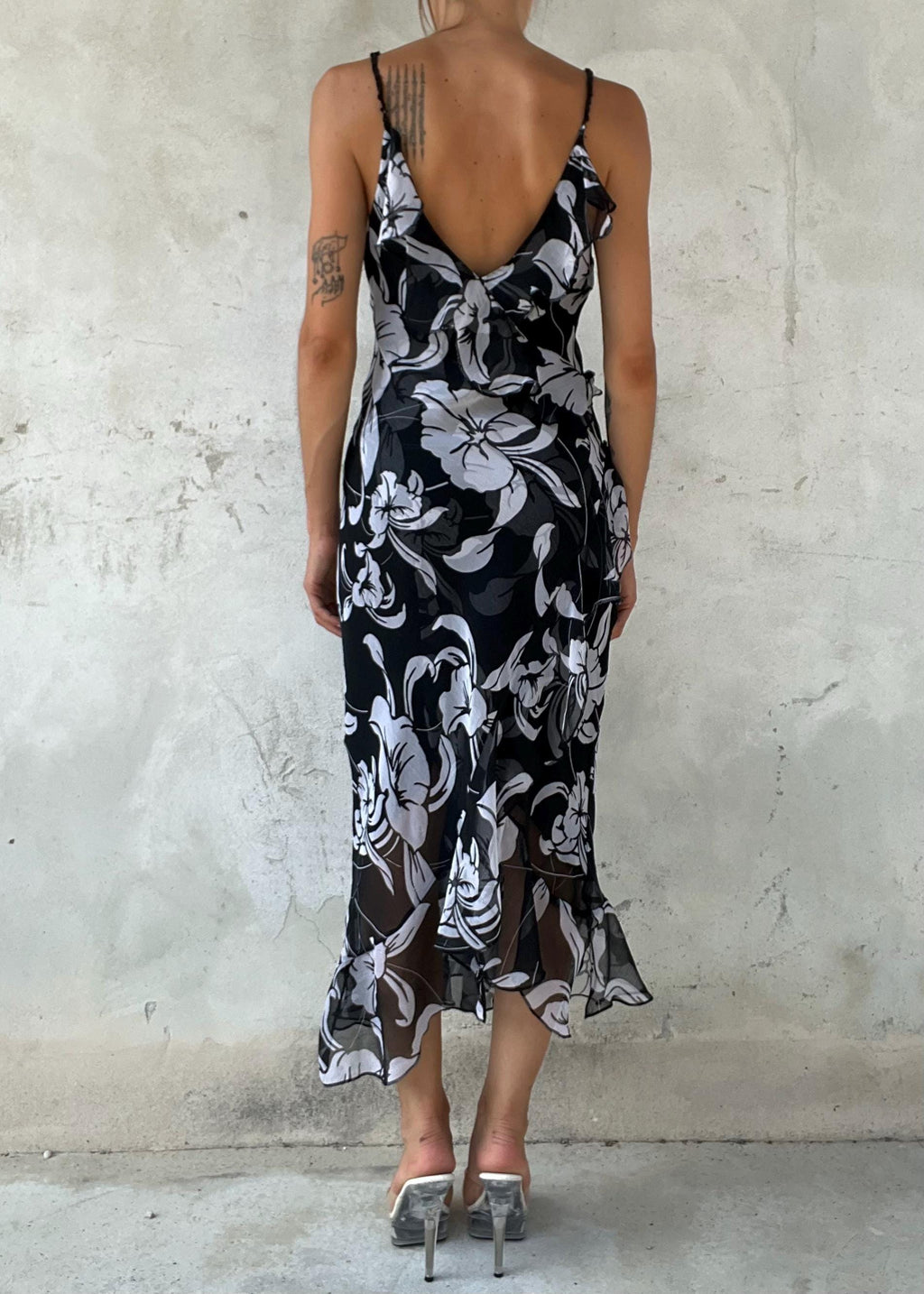 Abito Vintage Floreale Nero Bianco in Chiffon