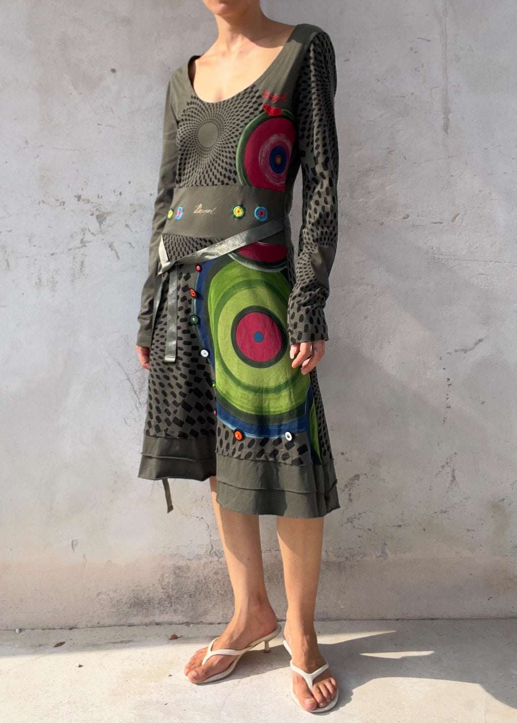 Abito Vintage Desigual Cotone Verde con Stampa Artistica e Cintura