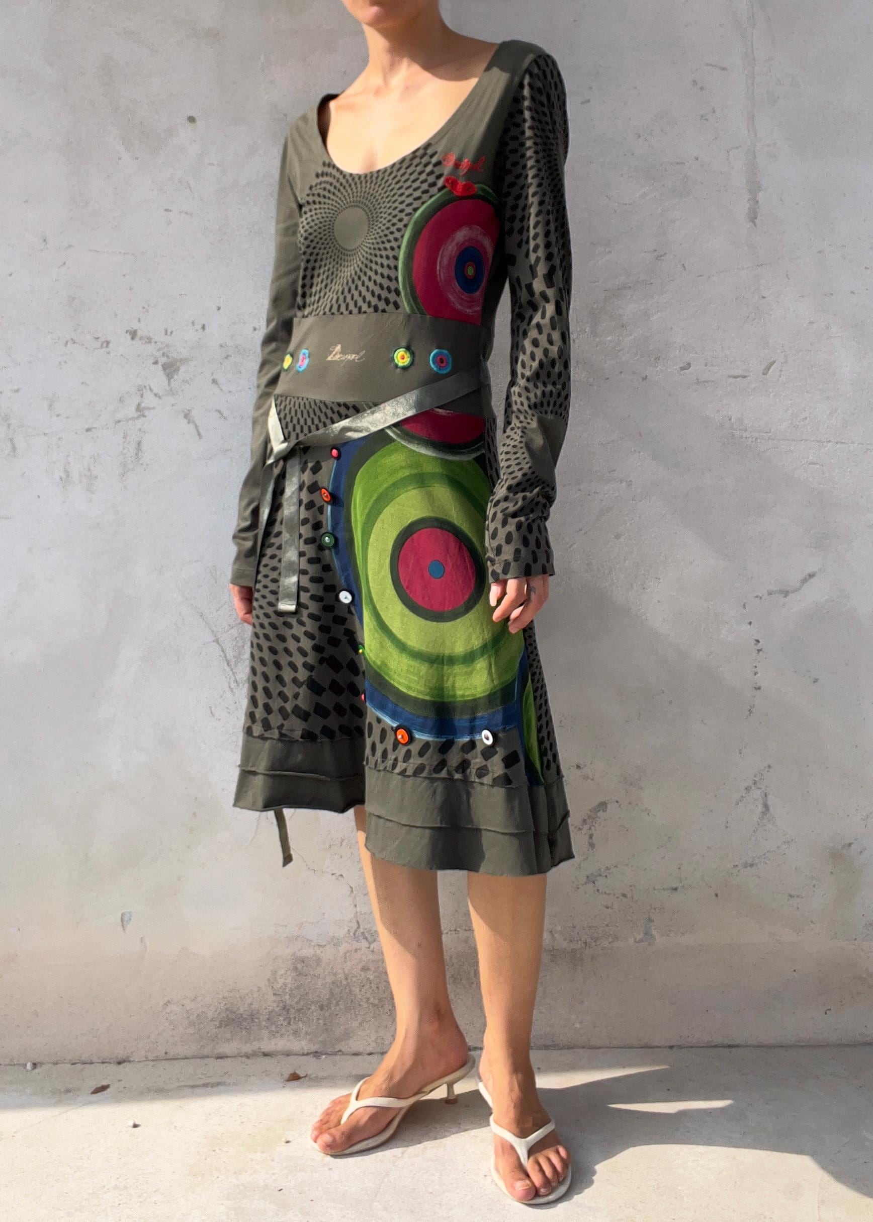 Abito Vintage Desigual Cotone Verde con Stampa Artistica e Cintura