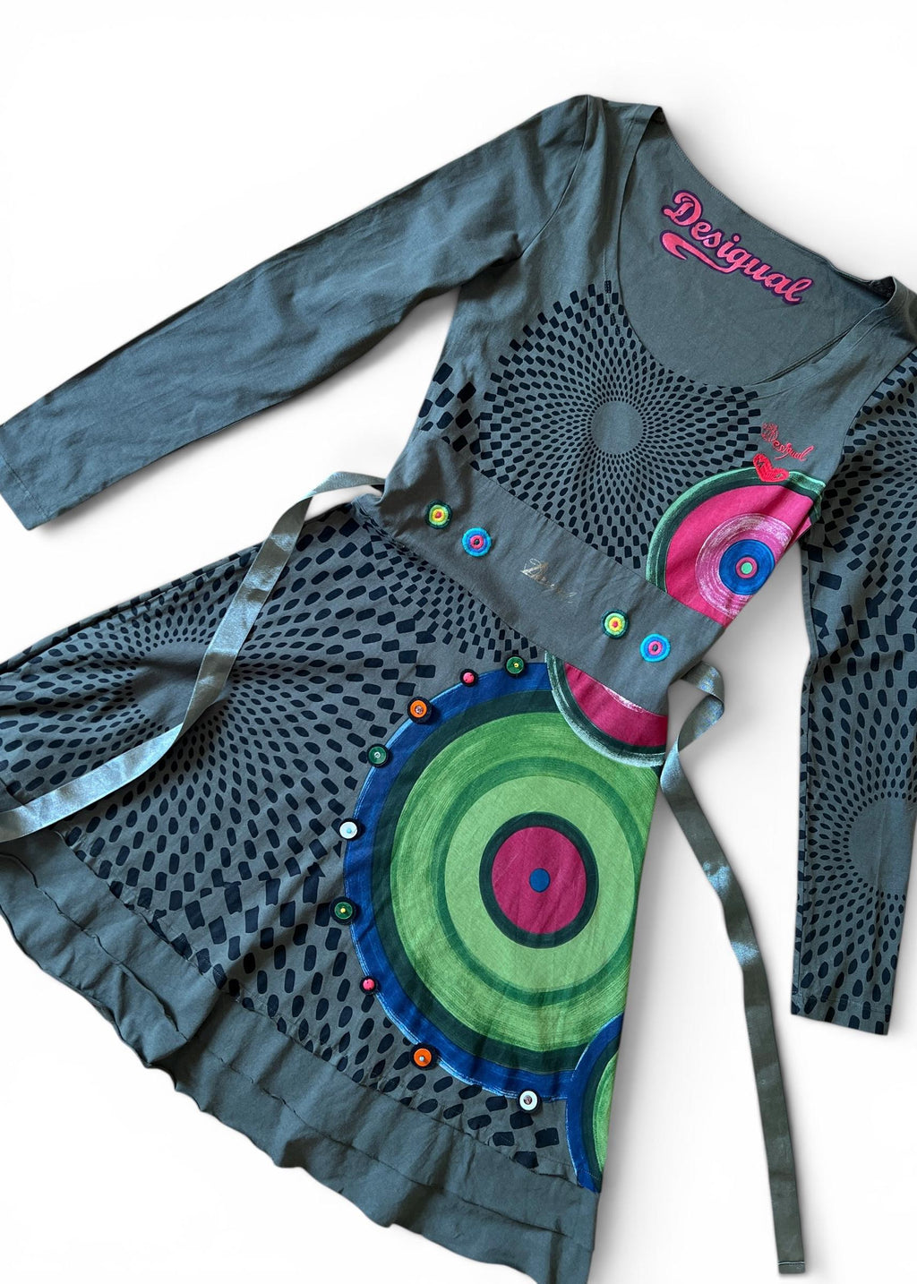 Abito Vintage Desigual Cotone Verde con Stampa Artistica e Cintura