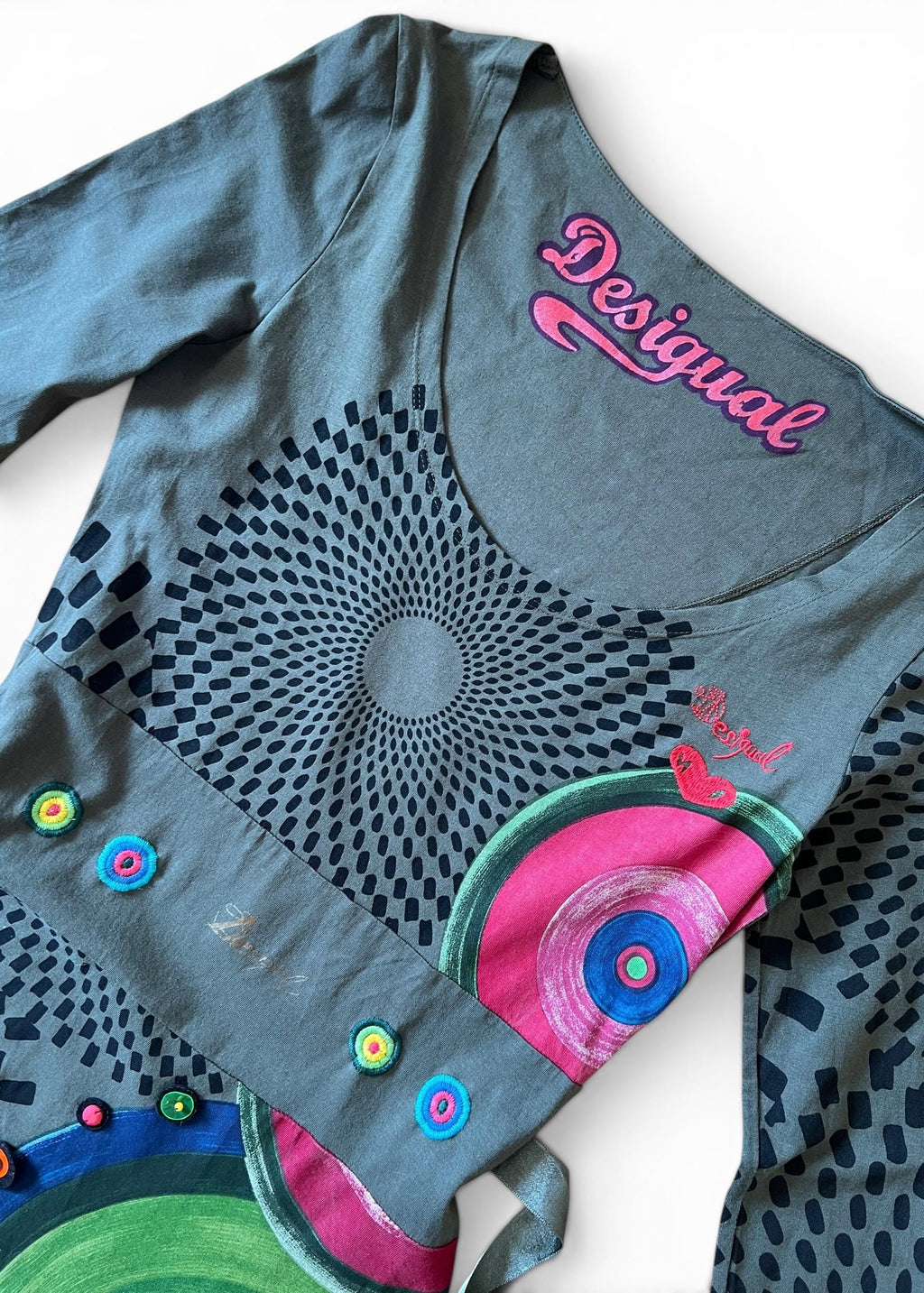 Abito Vintage Desigual Cotone Verde con Stampa Artistica e Cintura