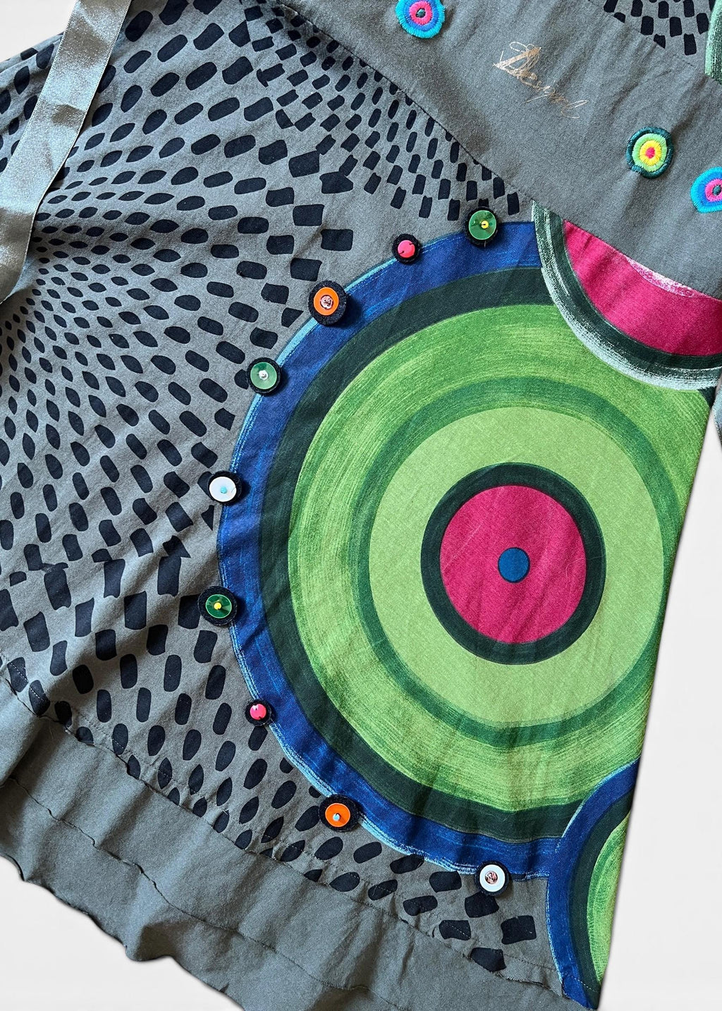 Abito Vintage Desigual Cotone Verde con Stampa Artistica e Cintura