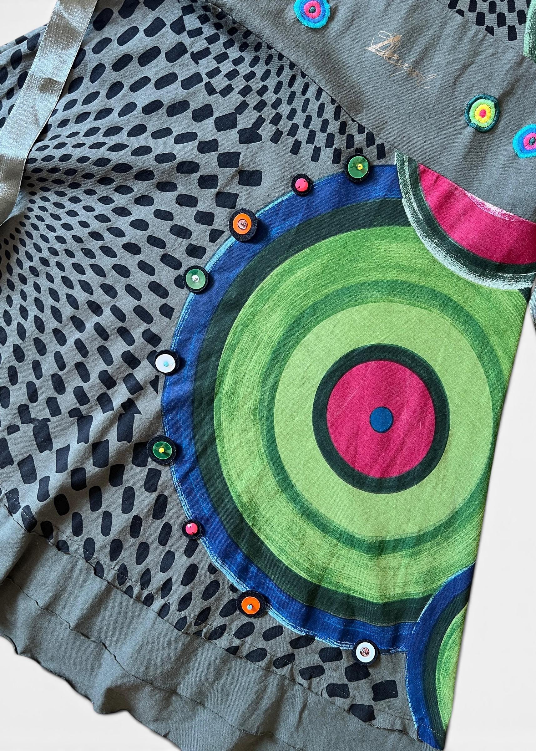 Abito Vintage Desigual Cotone Verde con Stampa Artistica e Cintura