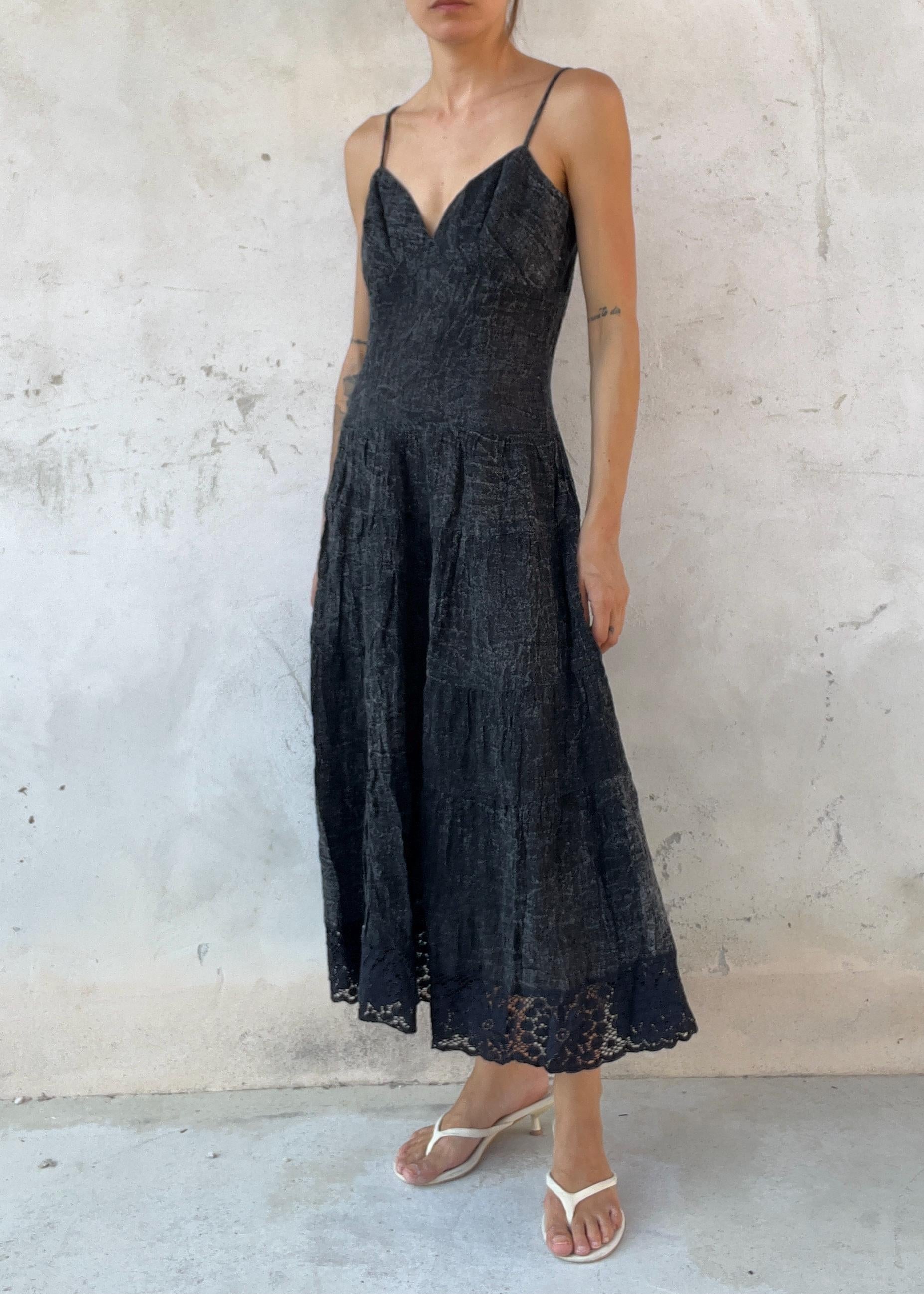 Abito Vintage Nero in Lino Midi