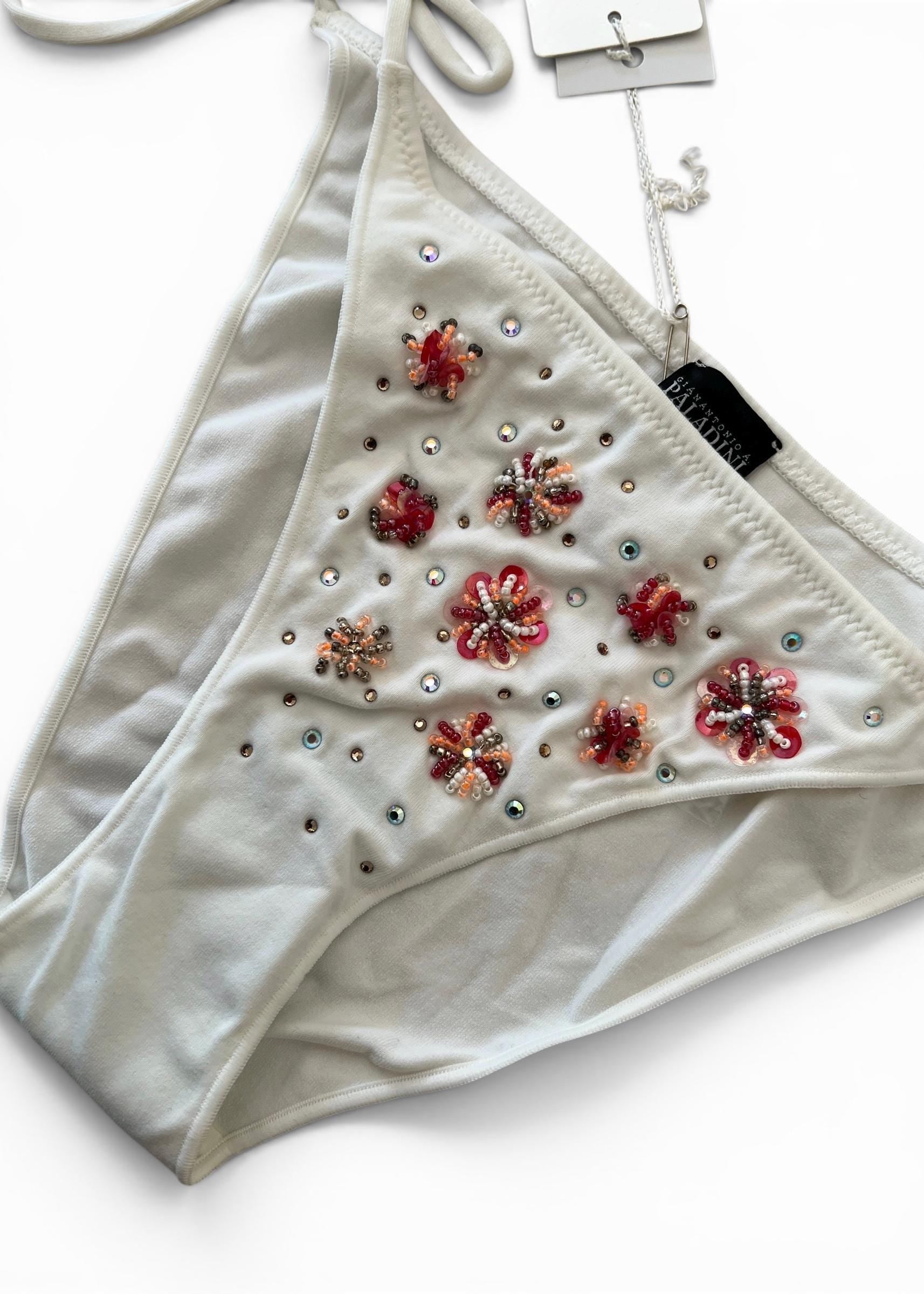 Paladini Bikini Vintage Y2K Bianco Ricamato con Perline e Paillettes