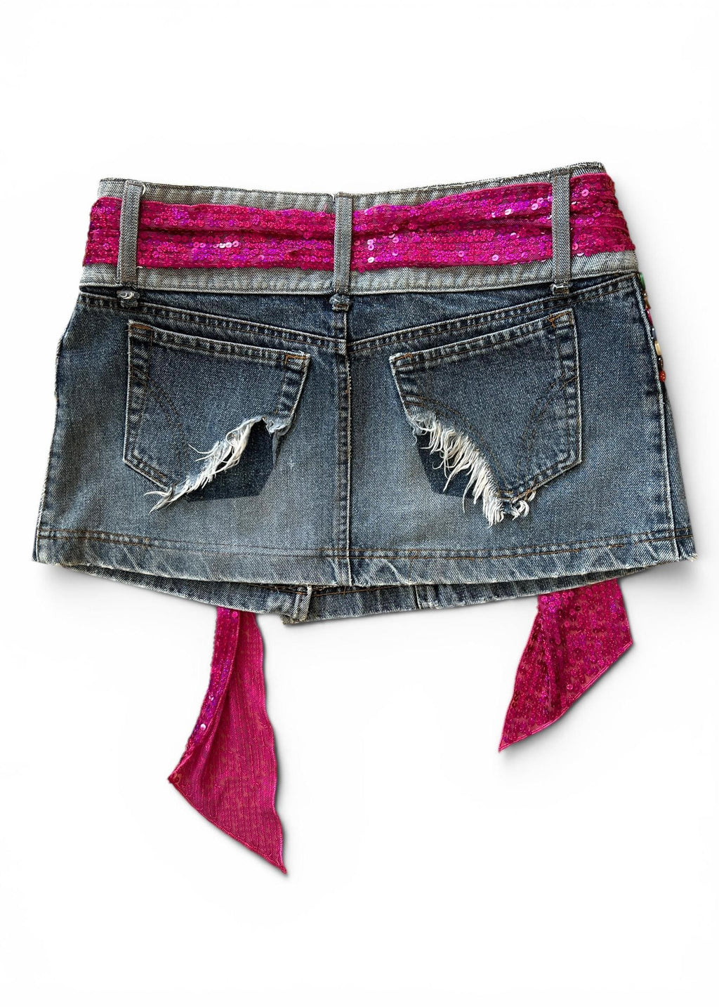 Minigonna Denim Vintage Y2K Vita Bassa con Fusciacca Paillettes Fucsia