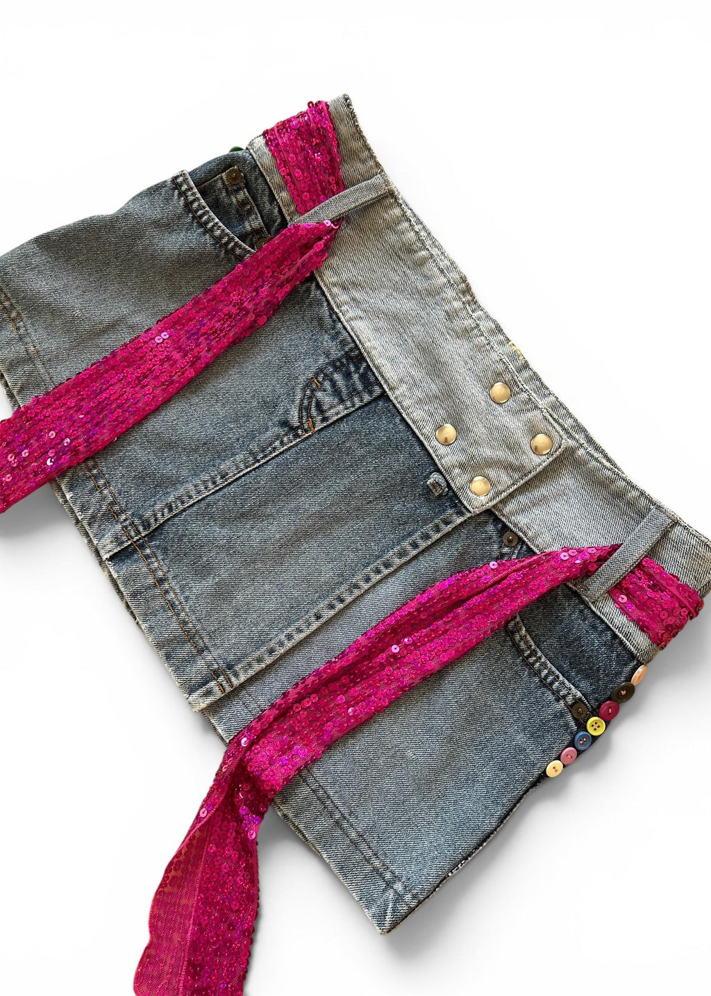 Minigonna Denim Vintage Y2K Vita Bassa con Fusciacca Paillettes Fucsia