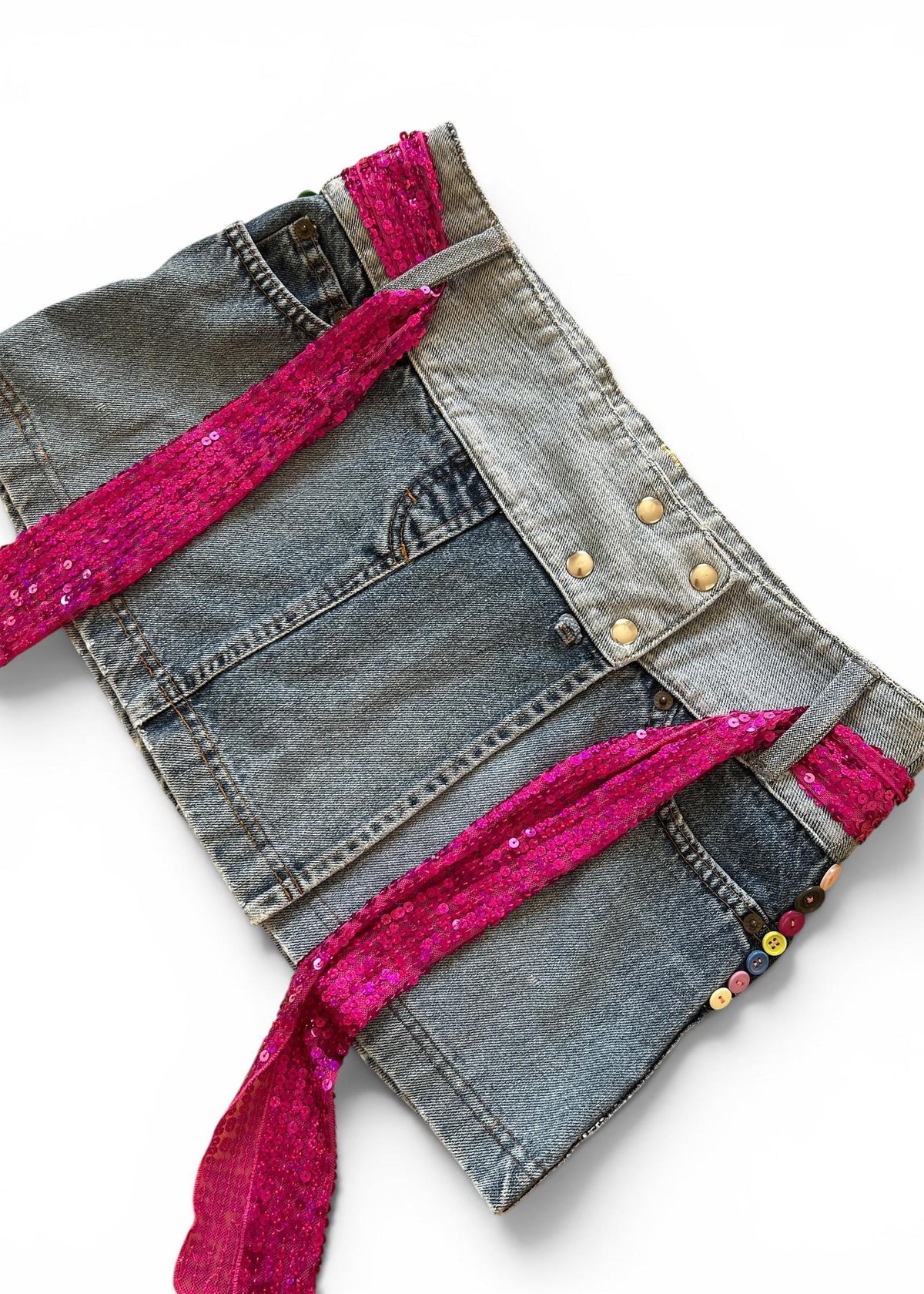 Minigonna Denim Vintage Y2K Vita Bassa con Fusciacca Paillettes Fucsia
