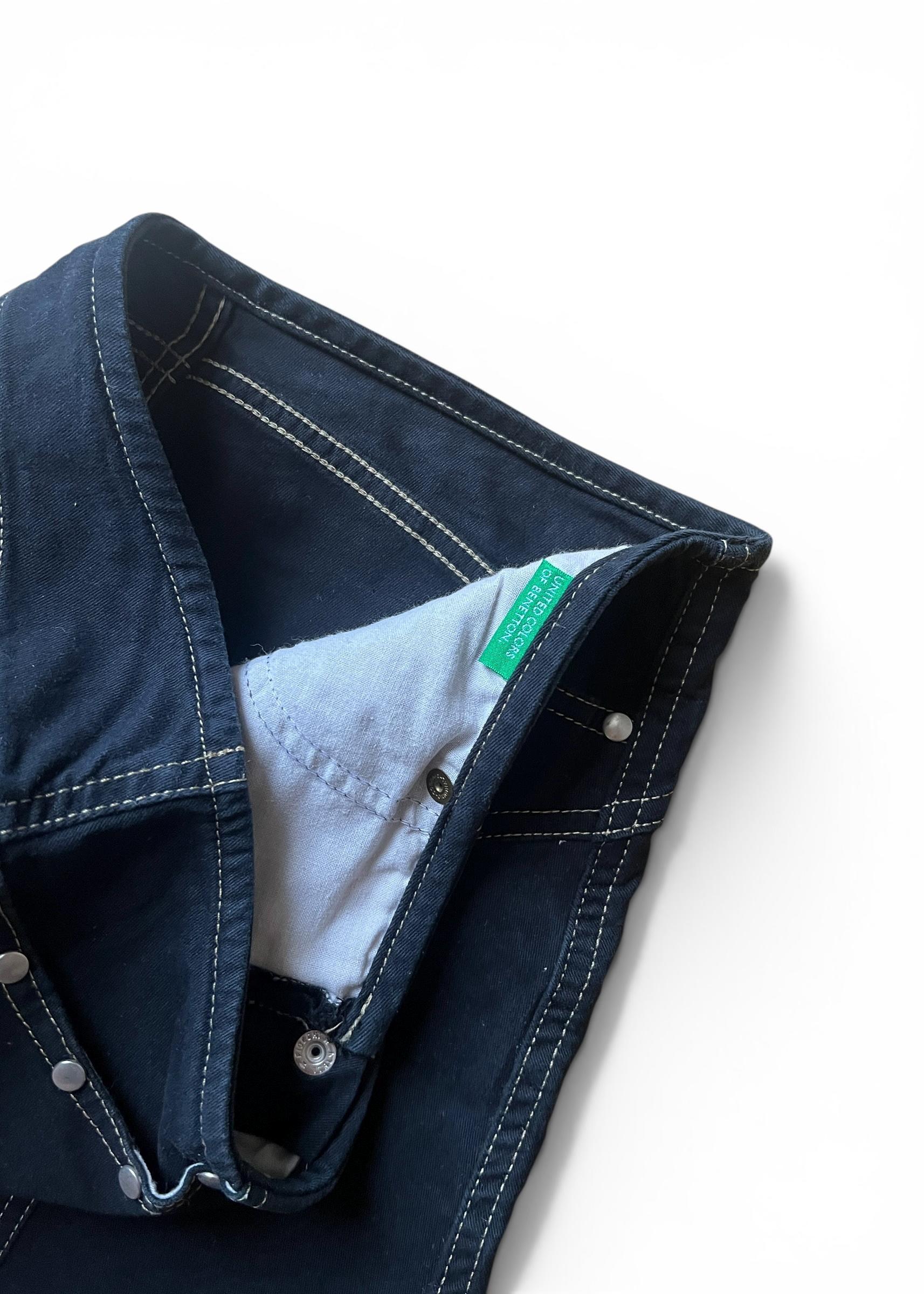 Minigonna Vintage Benetton Y2K Nera con Borchie, Volant Denim e Ricamo