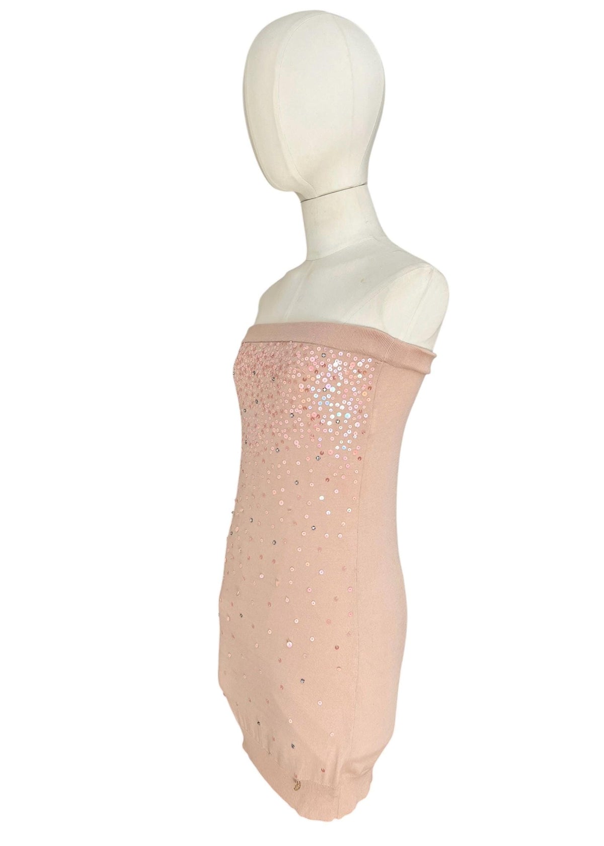 Elisabetta Franchi abito mini strapless rosa cipria con paillettes e cristalli Y2K