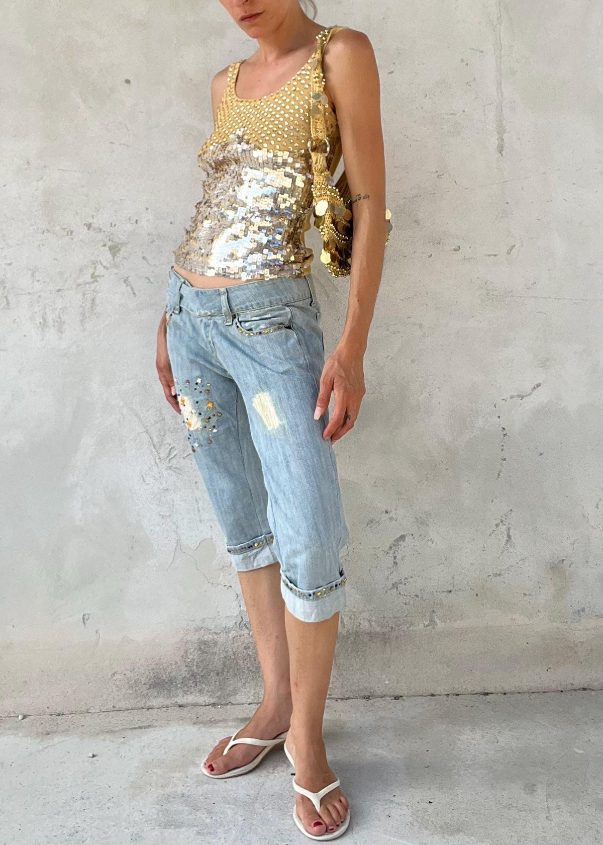 Jeans Capri Vintage Y2K Vita Bassa con Strass