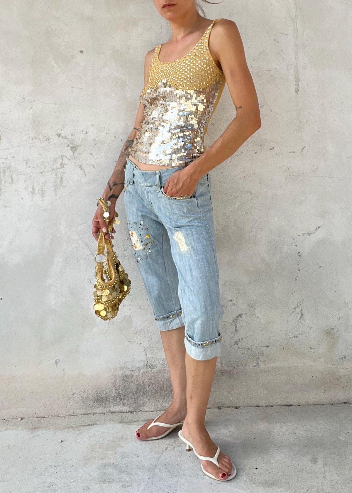 Jeans Capri Vintage Y2K Vita Bassa con Strass