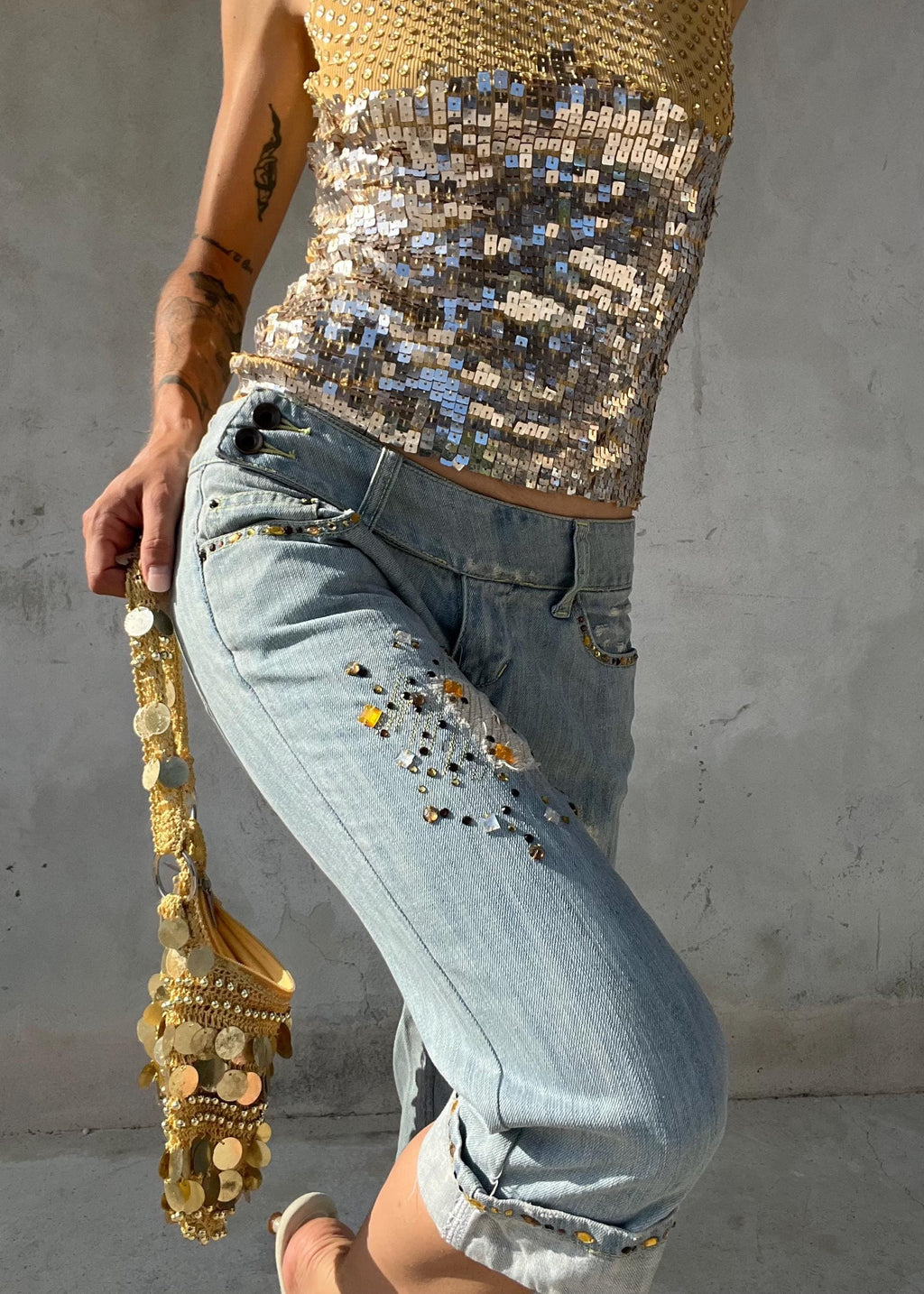 Jeans Capri Vintage Y2K Vita Bassa con Strass